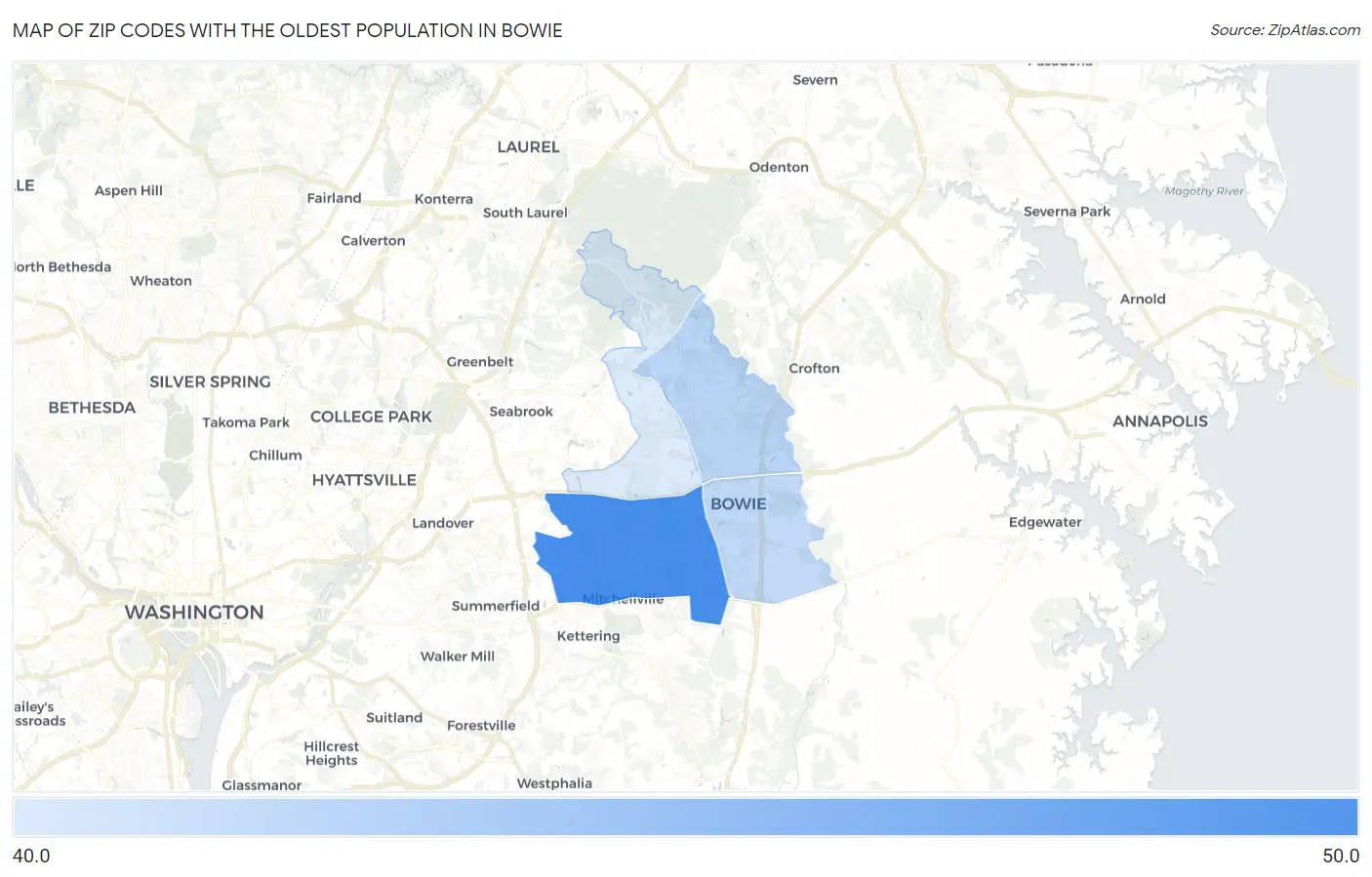 Zip Codes with the Oldest Population in Bowie Map