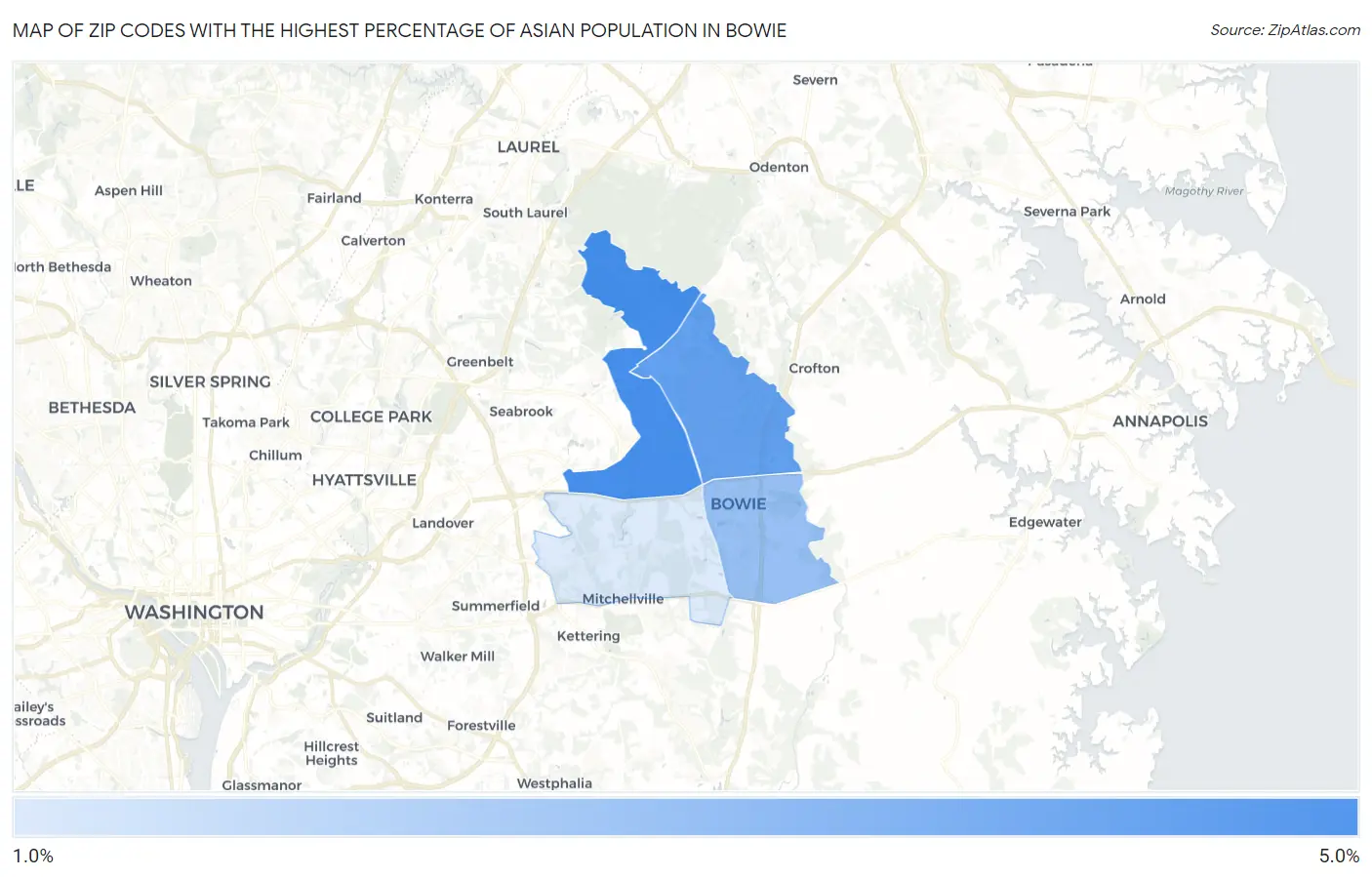 Zip Codes with the Highest Percentage of Asian Population in Bowie Map