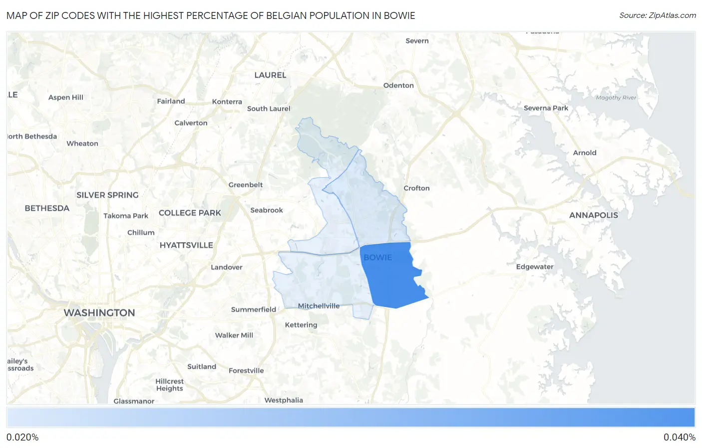Zip Codes with the Highest Percentage of Belgian Population in Bowie Map