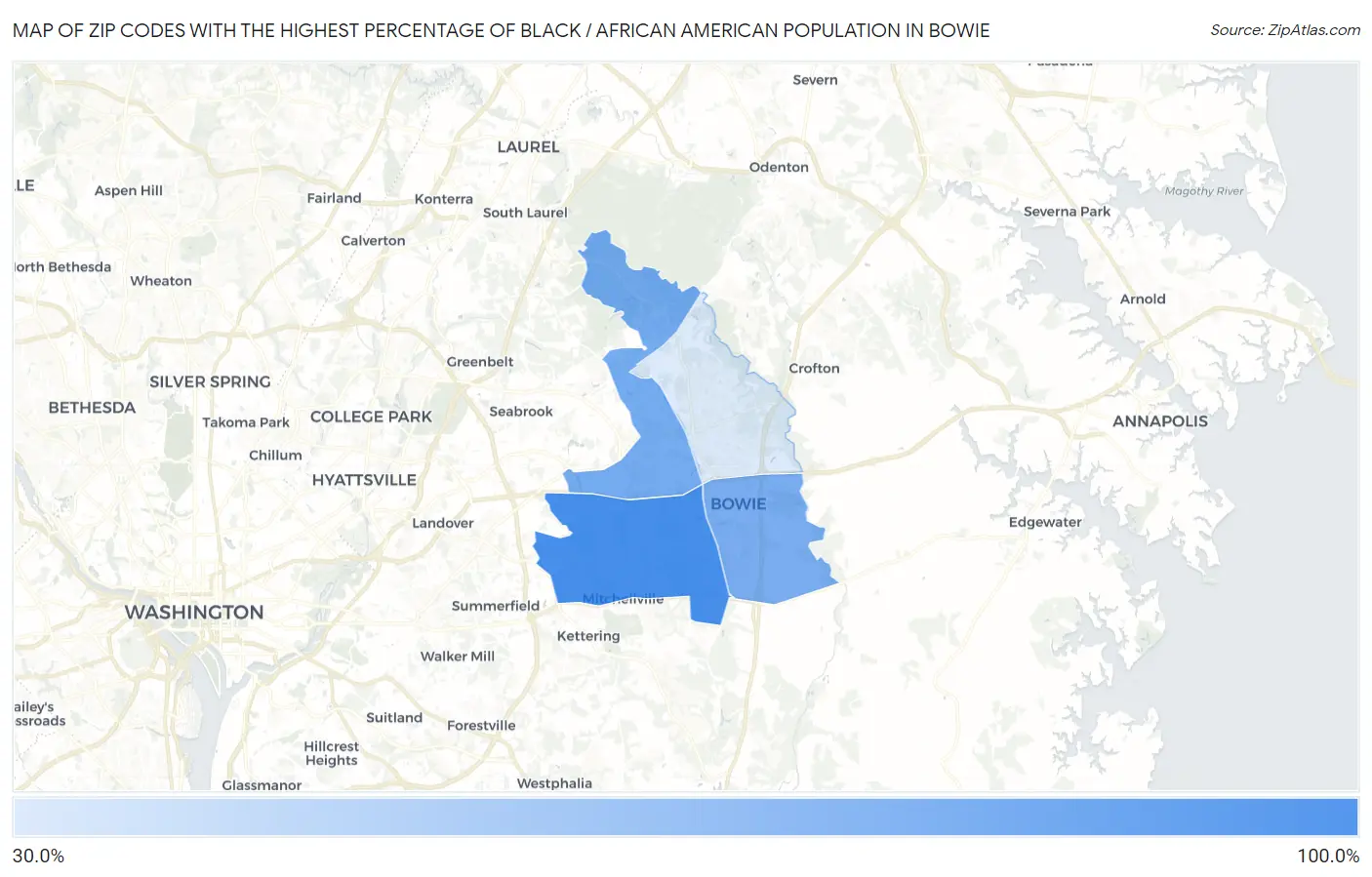 Zip Codes with the Highest Percentage of Black / African American Population in Bowie Map