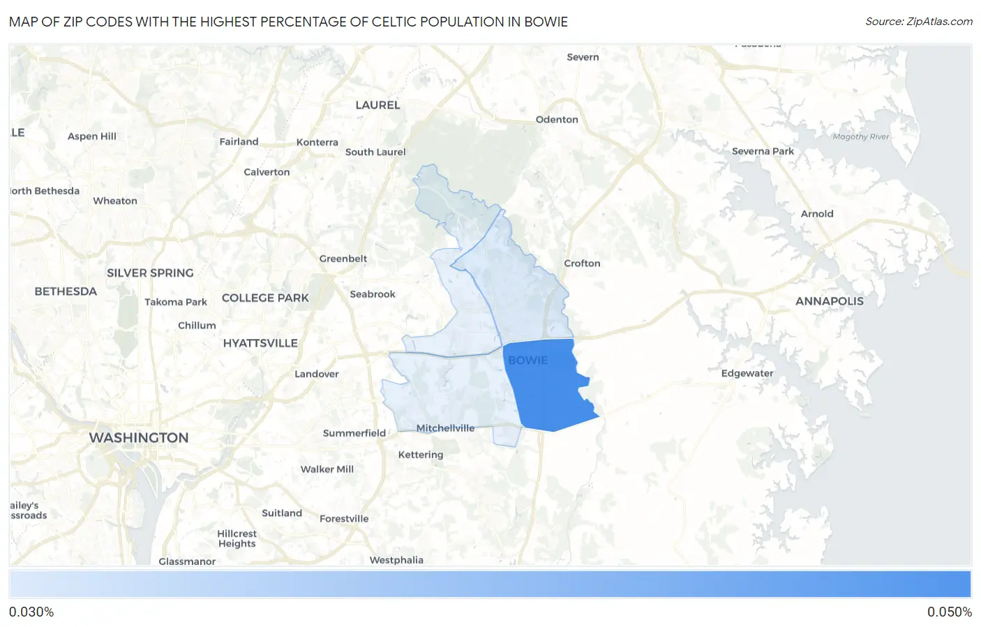 Zip Codes with the Highest Percentage of Celtic Population in Bowie Map