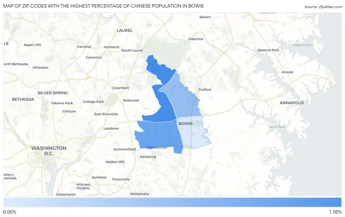 Zip Codes with the Highest Percentage of Chinese Population in Bowie Map