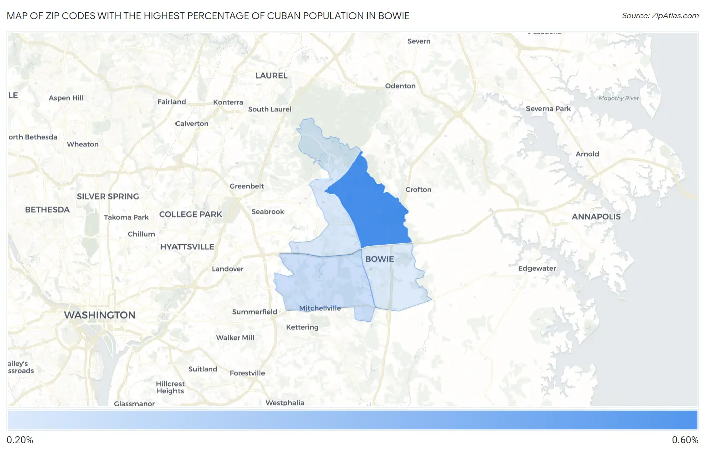 Zip Codes with the Highest Percentage of Cuban Population in Bowie Map