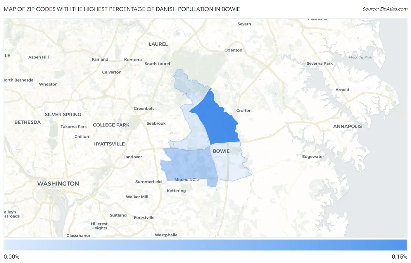 Zip Codes with the Highest Percentage of Danish Population in Bowie Map