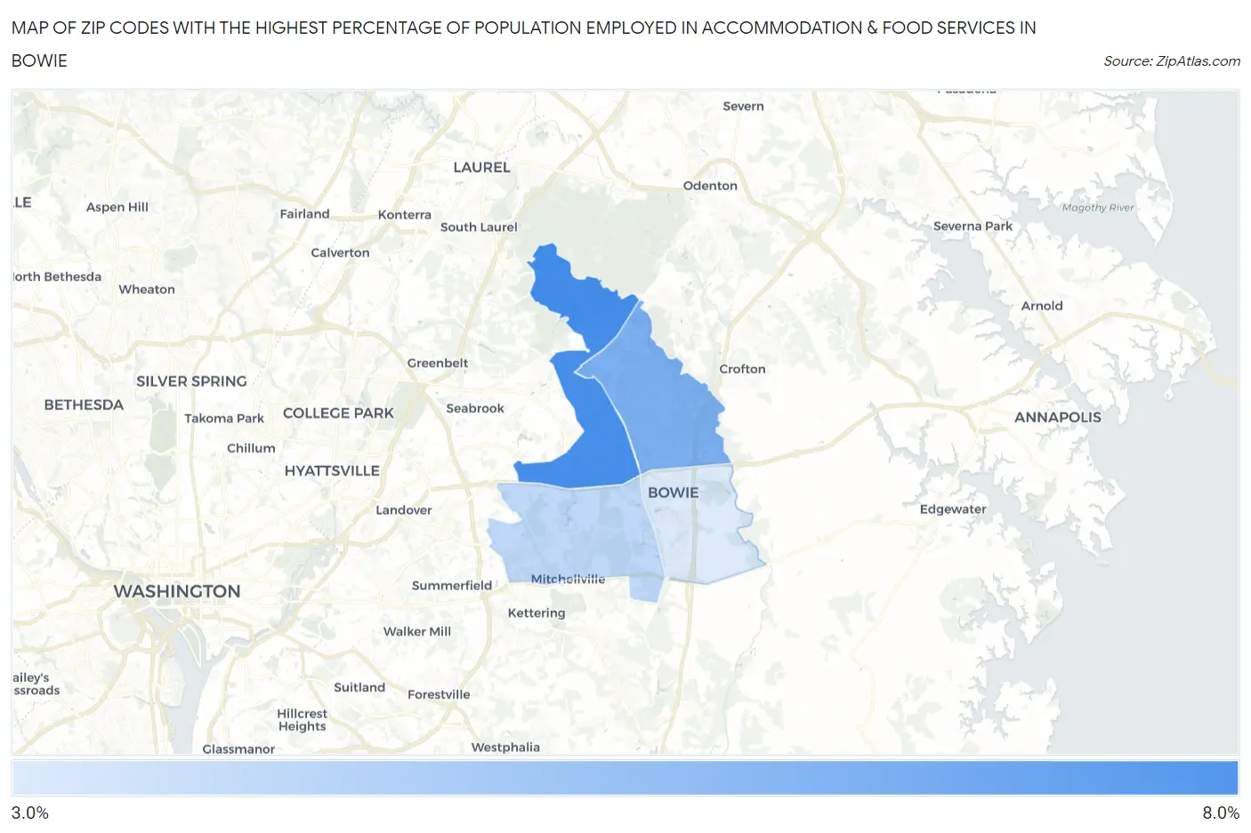 Zip Codes with the Highest Percentage of Population Employed in Accommodation & Food Services in Bowie Map