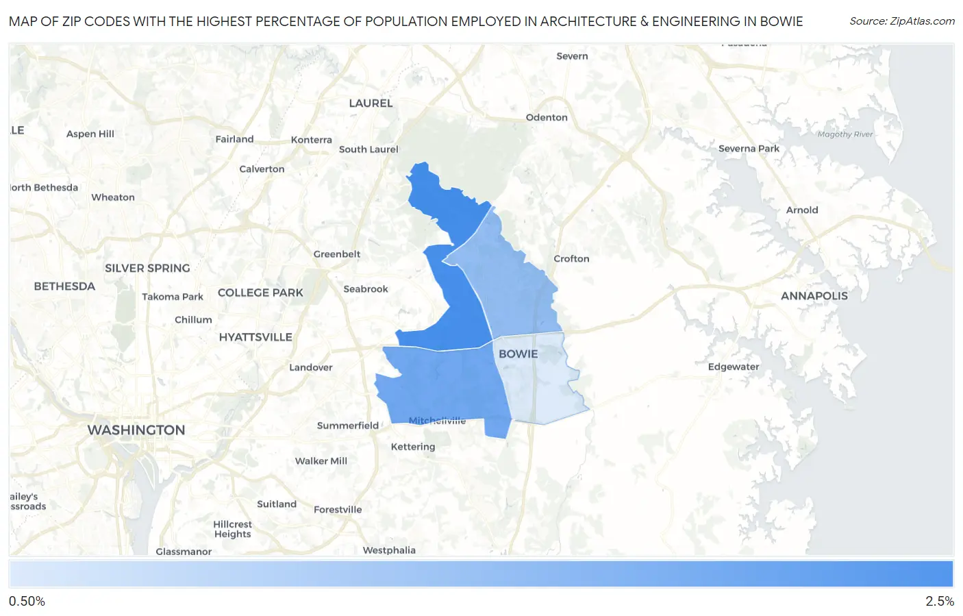 Zip Codes with the Highest Percentage of Population Employed in Architecture & Engineering in Bowie Map