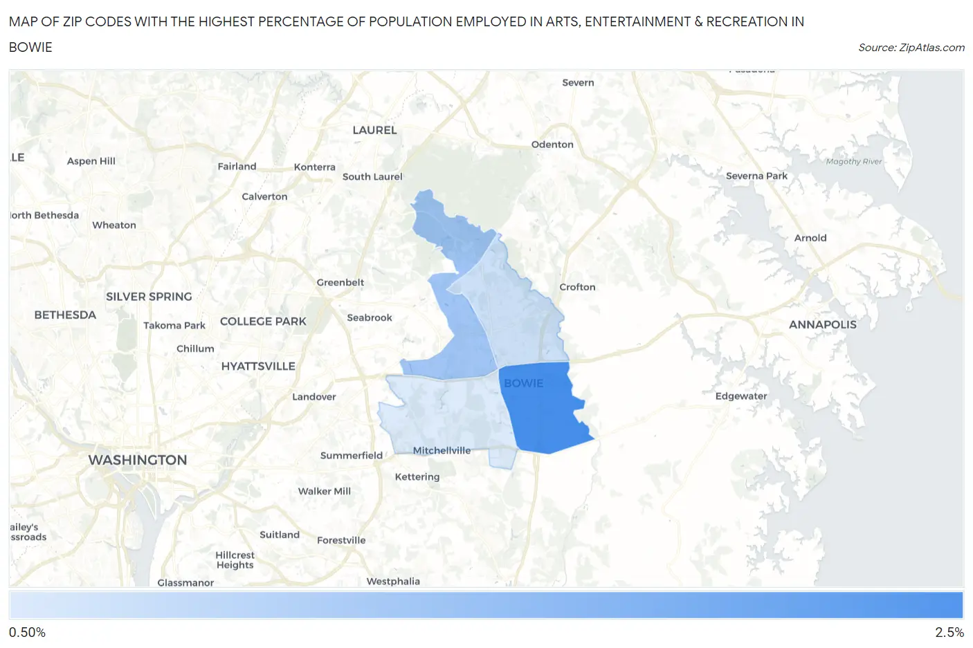 Zip Codes with the Highest Percentage of Population Employed in Arts, Entertainment & Recreation in Bowie Map