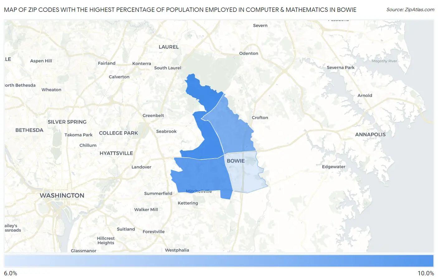 Zip Codes with the Highest Percentage of Population Employed in Computer & Mathematics in Bowie Map