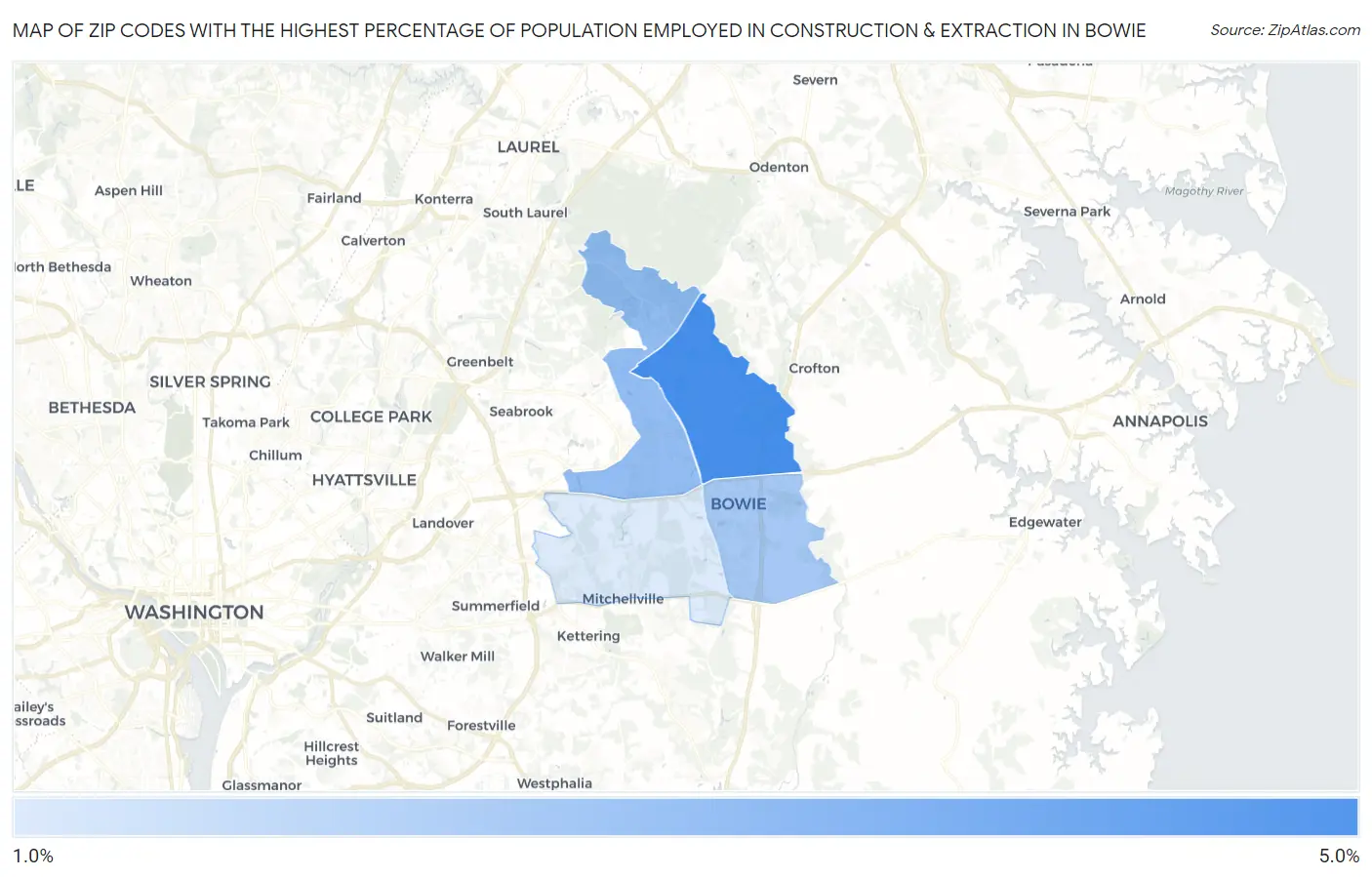 Zip Codes with the Highest Percentage of Population Employed in Construction & Extraction in Bowie Map