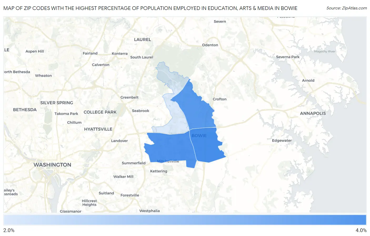 Zip Codes with the Highest Percentage of Population Employed in Education, Arts & Media in Bowie Map