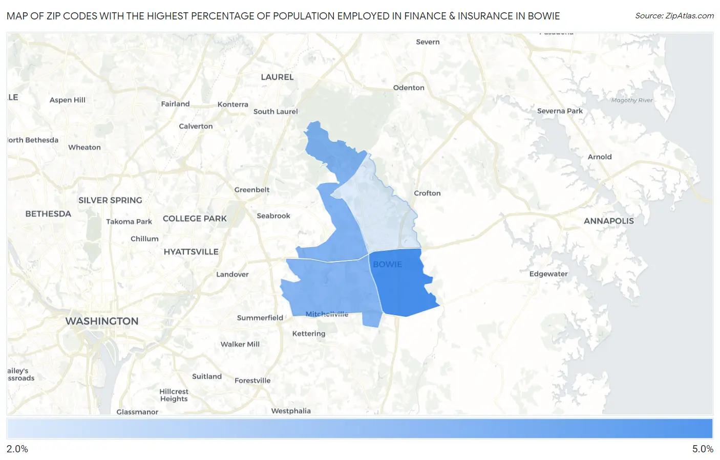 Zip Codes with the Highest Percentage of Population Employed in Finance & Insurance in Bowie Map