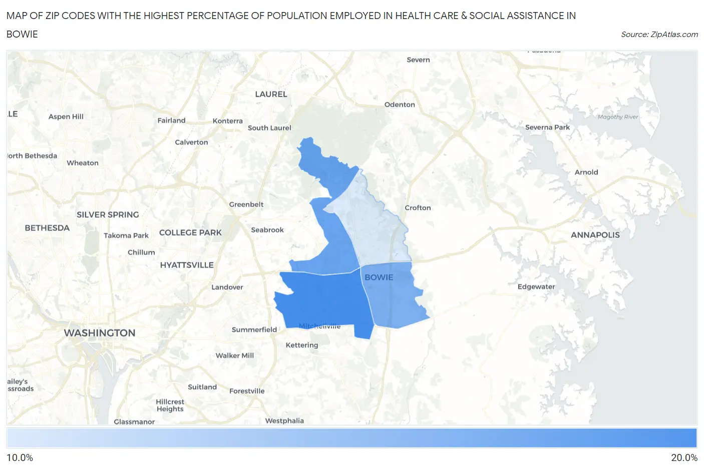 Zip Codes with the Highest Percentage of Population Employed in Health Care & Social Assistance in Bowie Map