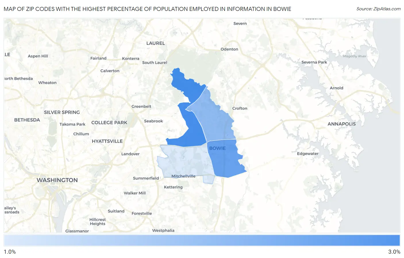 Zip Codes with the Highest Percentage of Population Employed in Information in Bowie Map