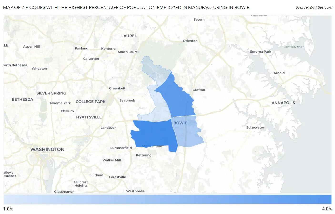 Zip Codes with the Highest Percentage of Population Employed in Manufacturing in Bowie Map
