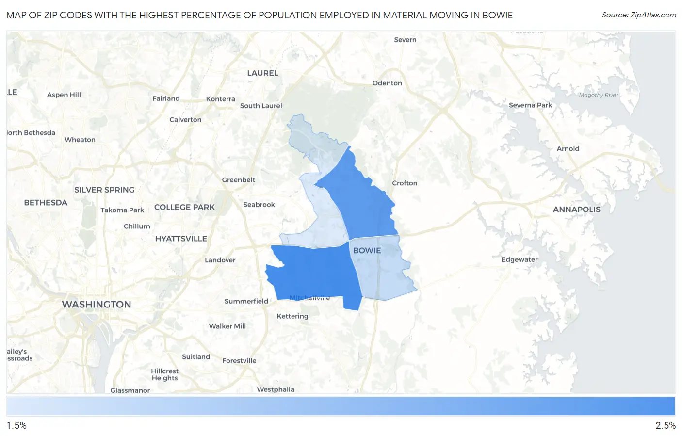 Zip Codes with the Highest Percentage of Population Employed in Material Moving in Bowie Map