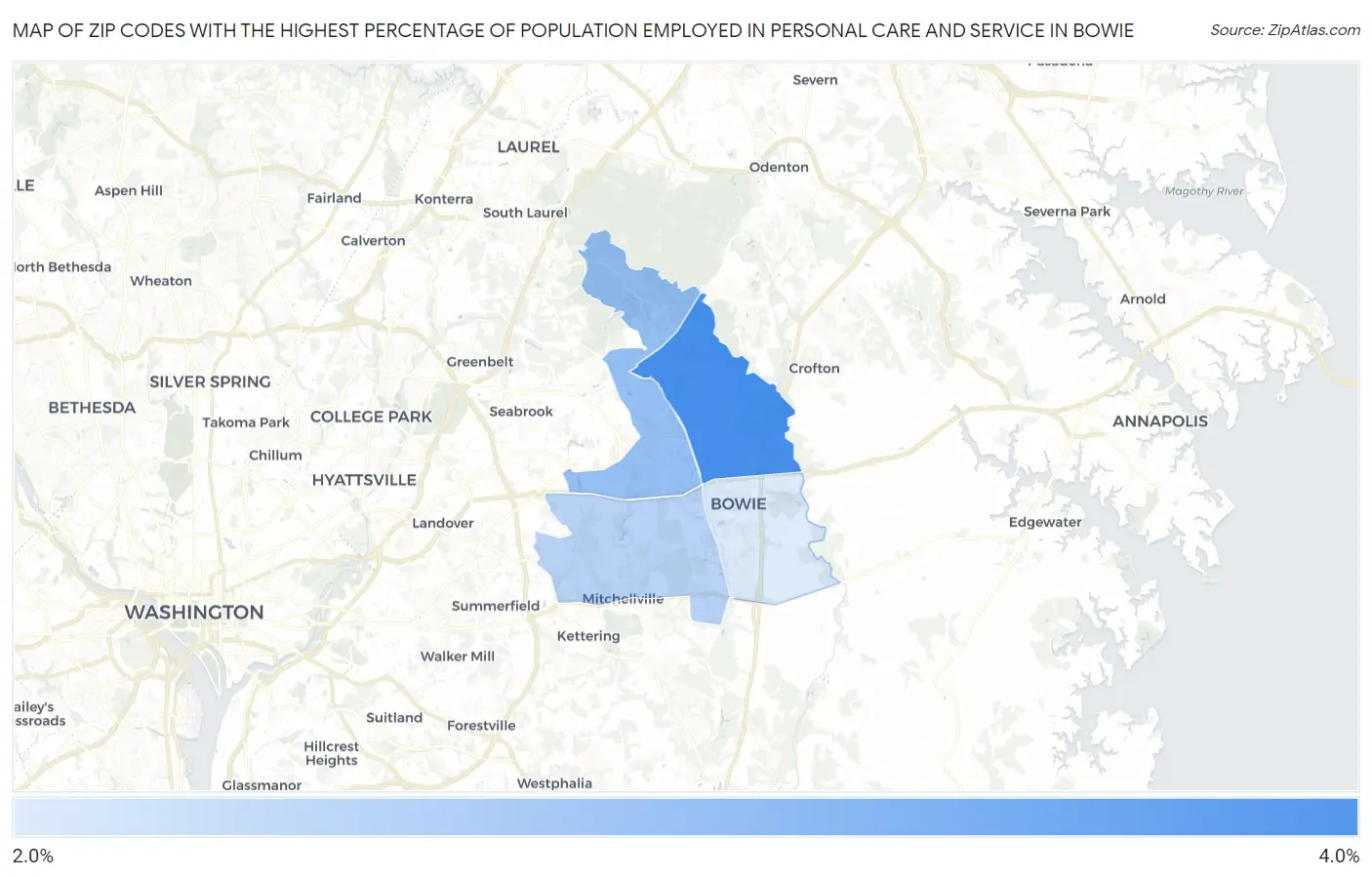 Zip Codes with the Highest Percentage of Population Employed in Personal Care and Service in Bowie Map