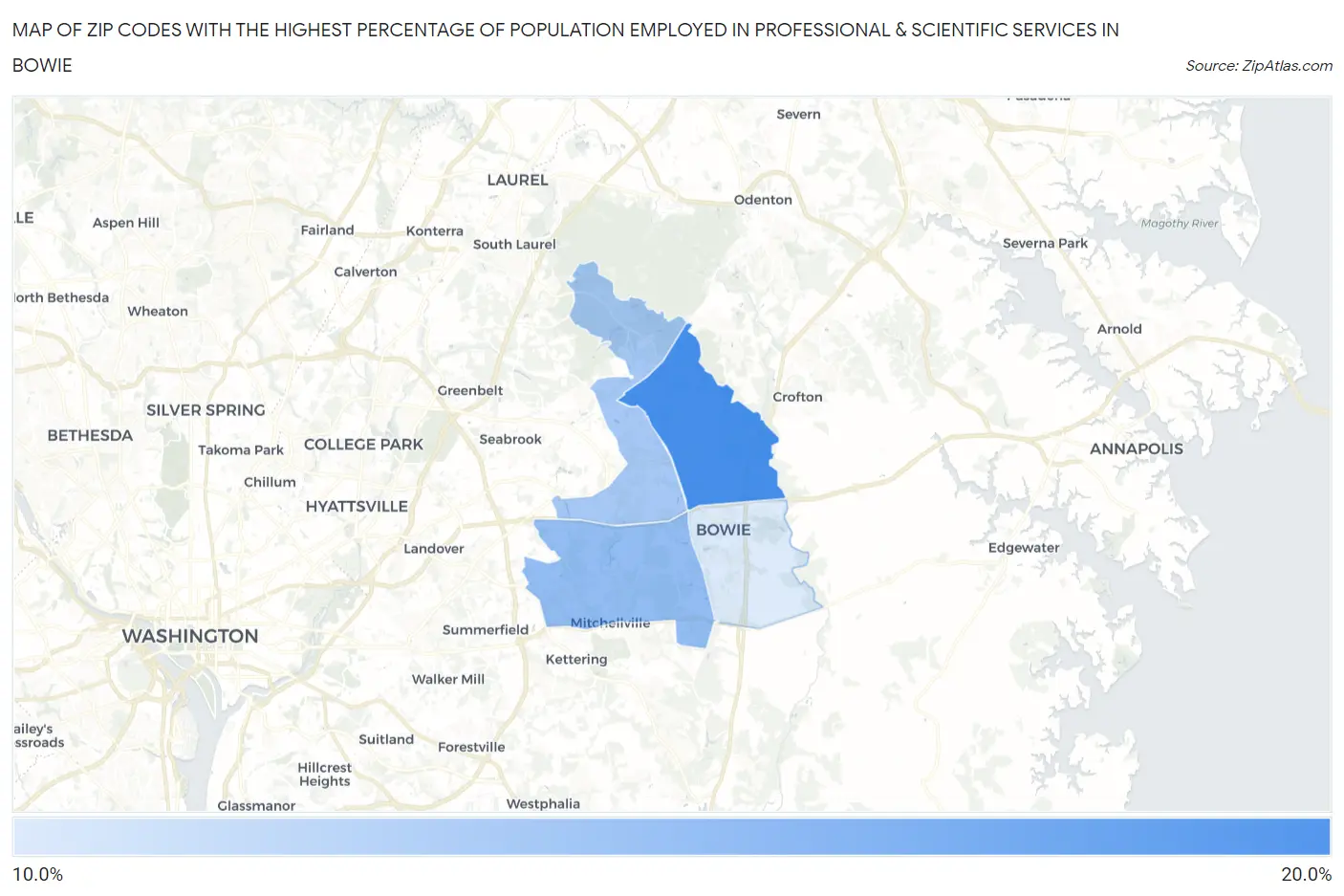 Zip Codes with the Highest Percentage of Population Employed in Professional & Scientific Services in Bowie Map