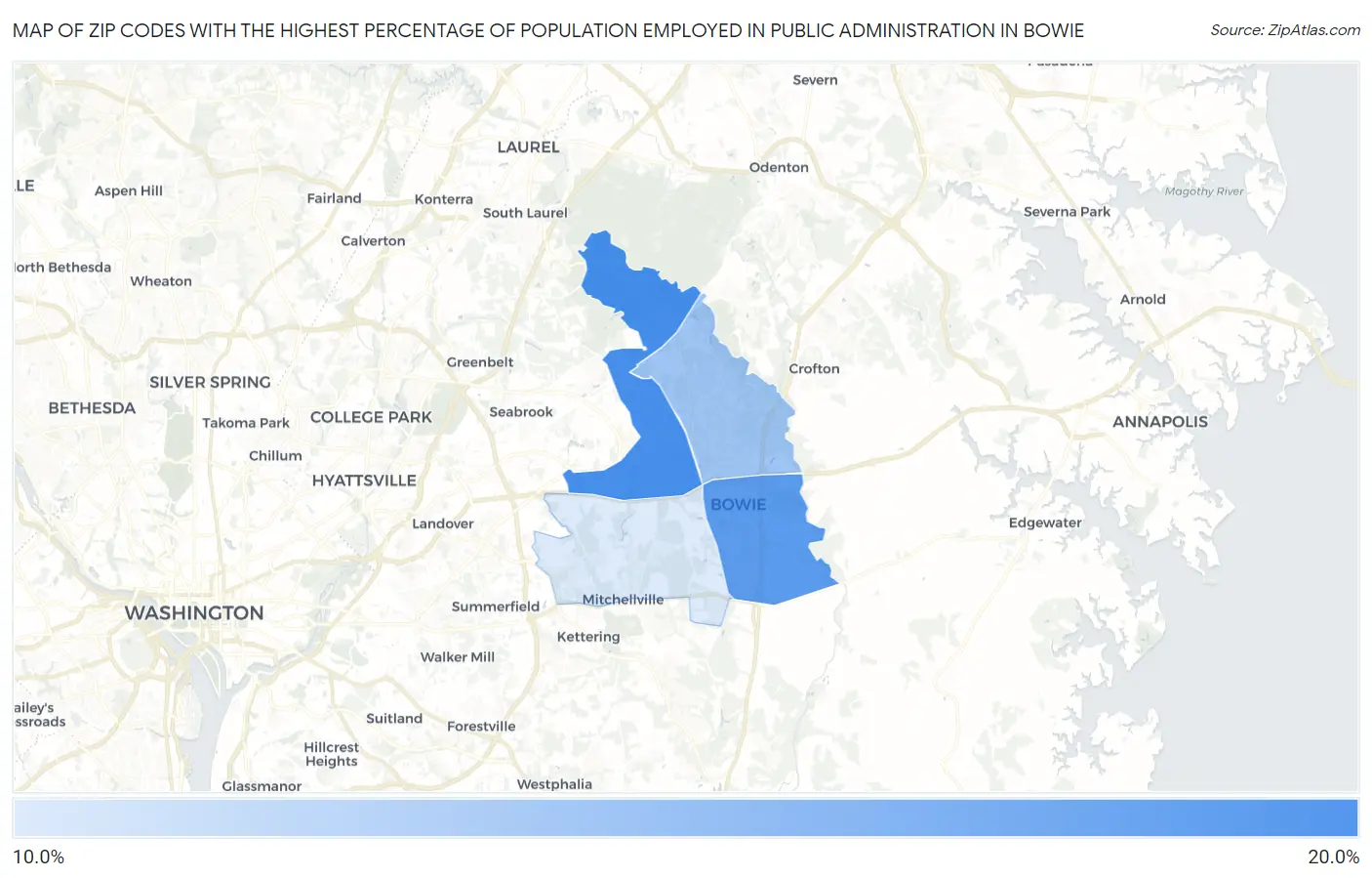 Zip Codes with the Highest Percentage of Population Employed in Public Administration in Bowie Map