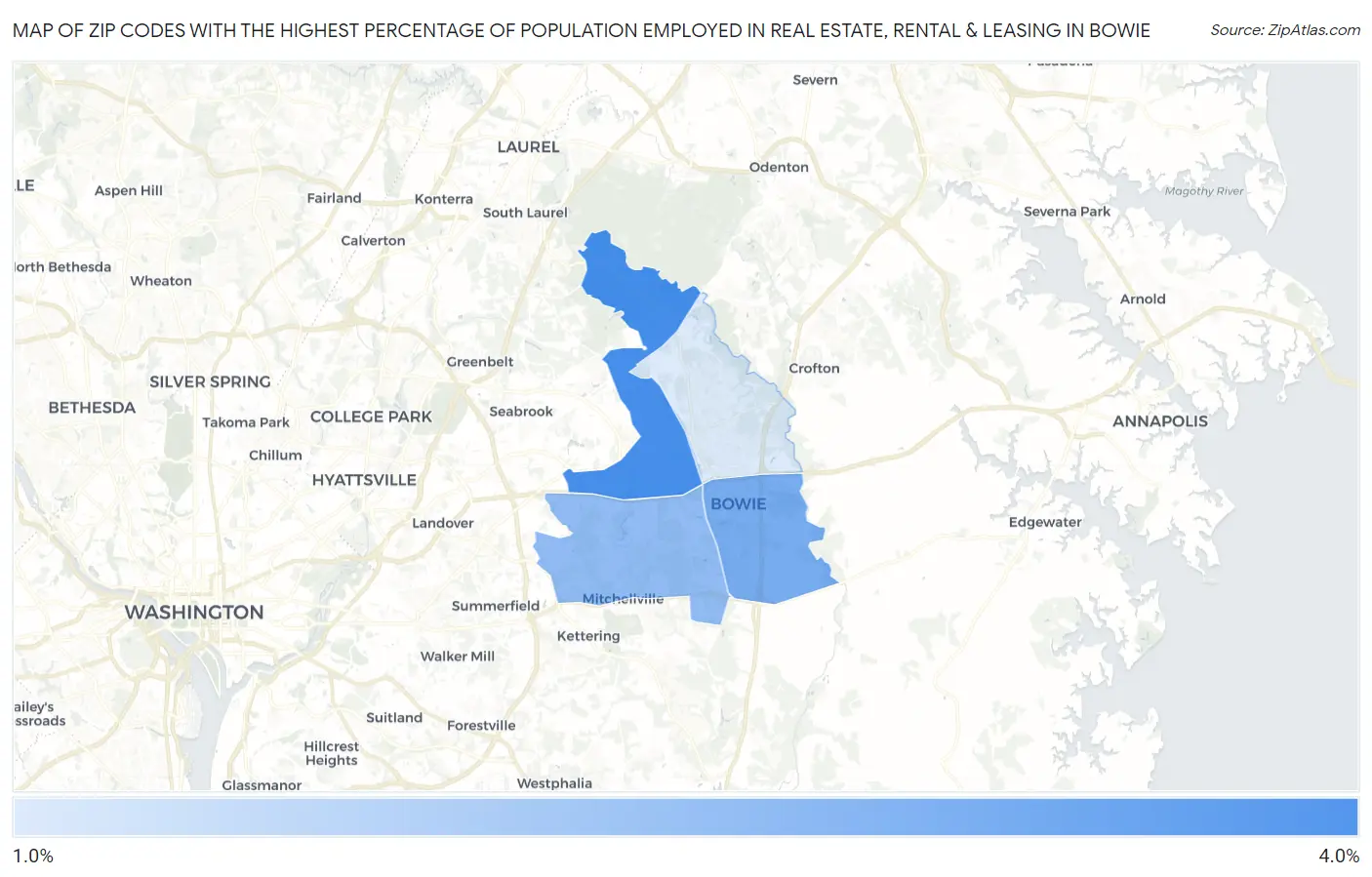 Zip Codes with the Highest Percentage of Population Employed in Real Estate, Rental & Leasing in Bowie Map
