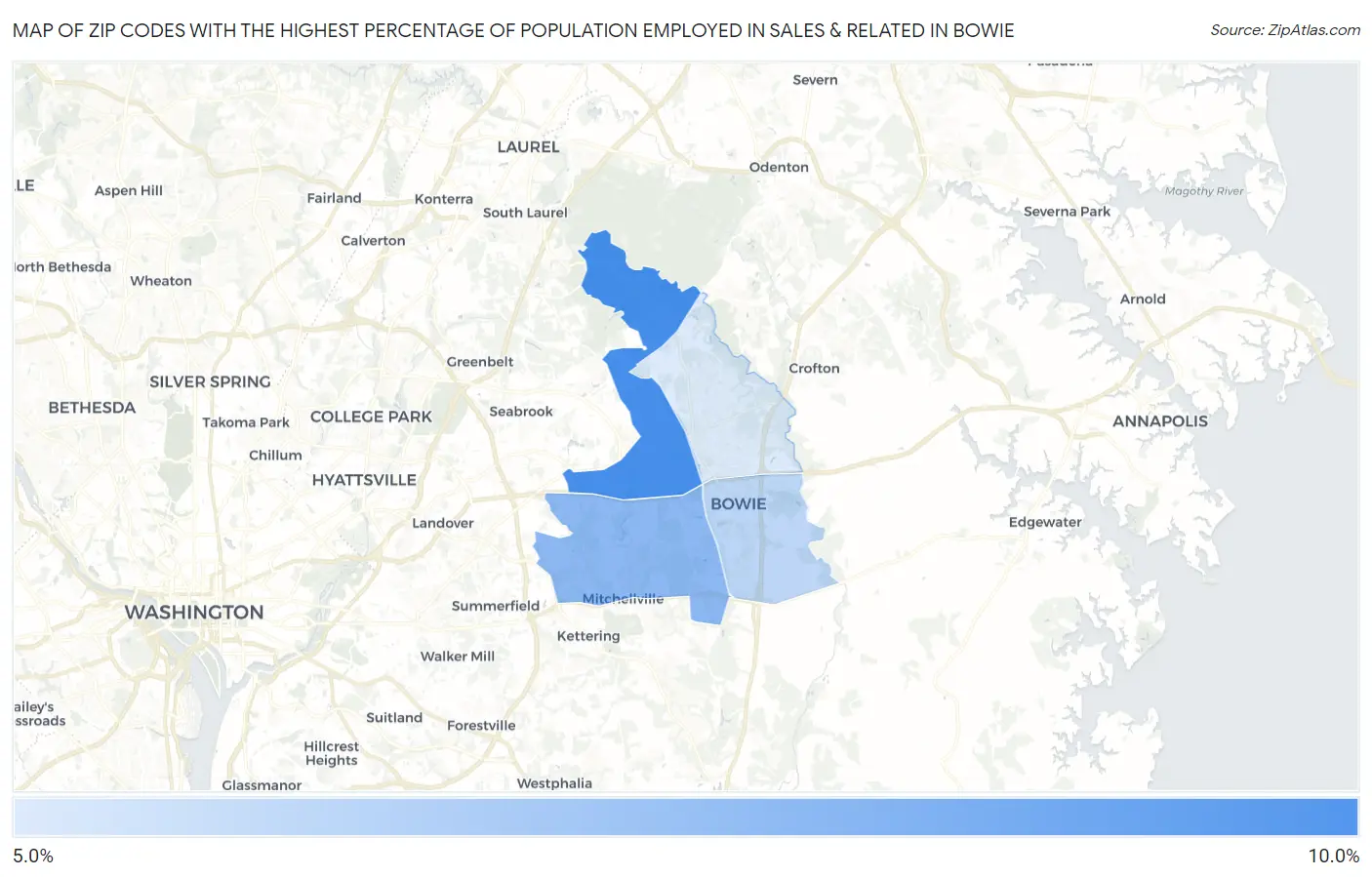 Zip Codes with the Highest Percentage of Population Employed in Sales & Related in Bowie Map