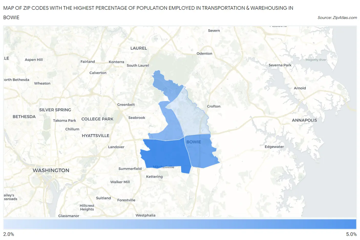 Zip Codes with the Highest Percentage of Population Employed in Transportation & Warehousing in Bowie Map