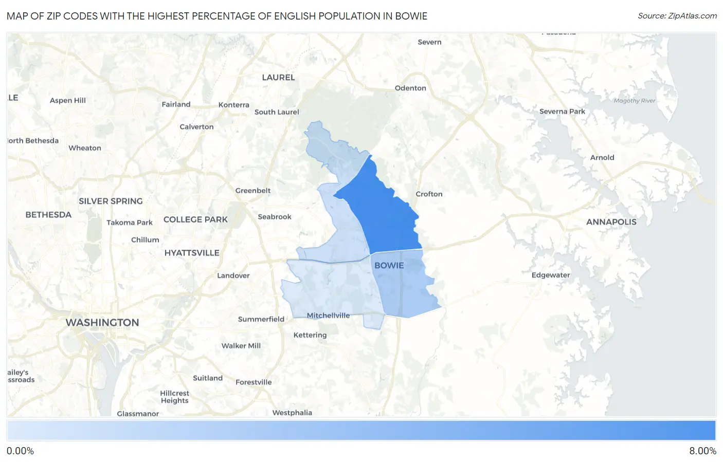 Zip Codes with the Highest Percentage of English Population in Bowie Map