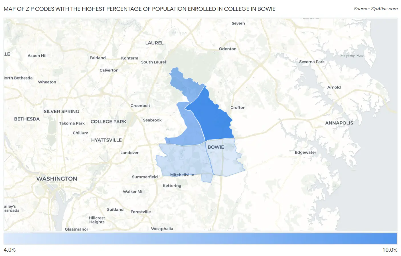 Zip Codes with the Highest Percentage of Population Enrolled in College in Bowie Map