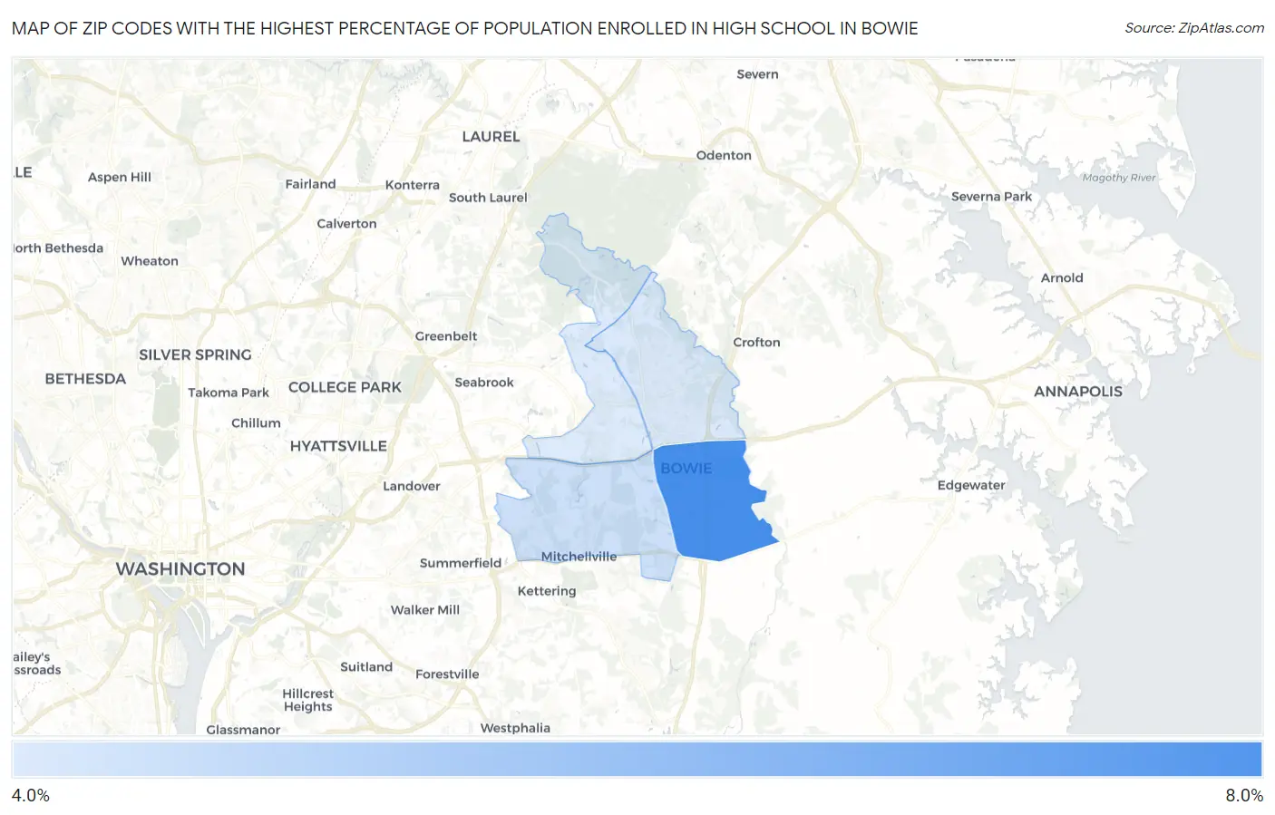 Zip Codes with the Highest Percentage of Population Enrolled in High School in Bowie Map