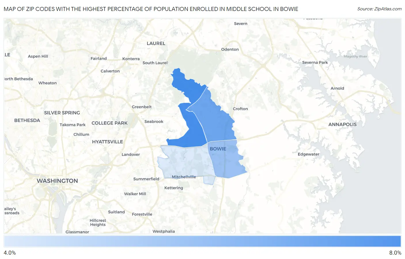 Zip Codes with the Highest Percentage of Population Enrolled in Middle School in Bowie Map