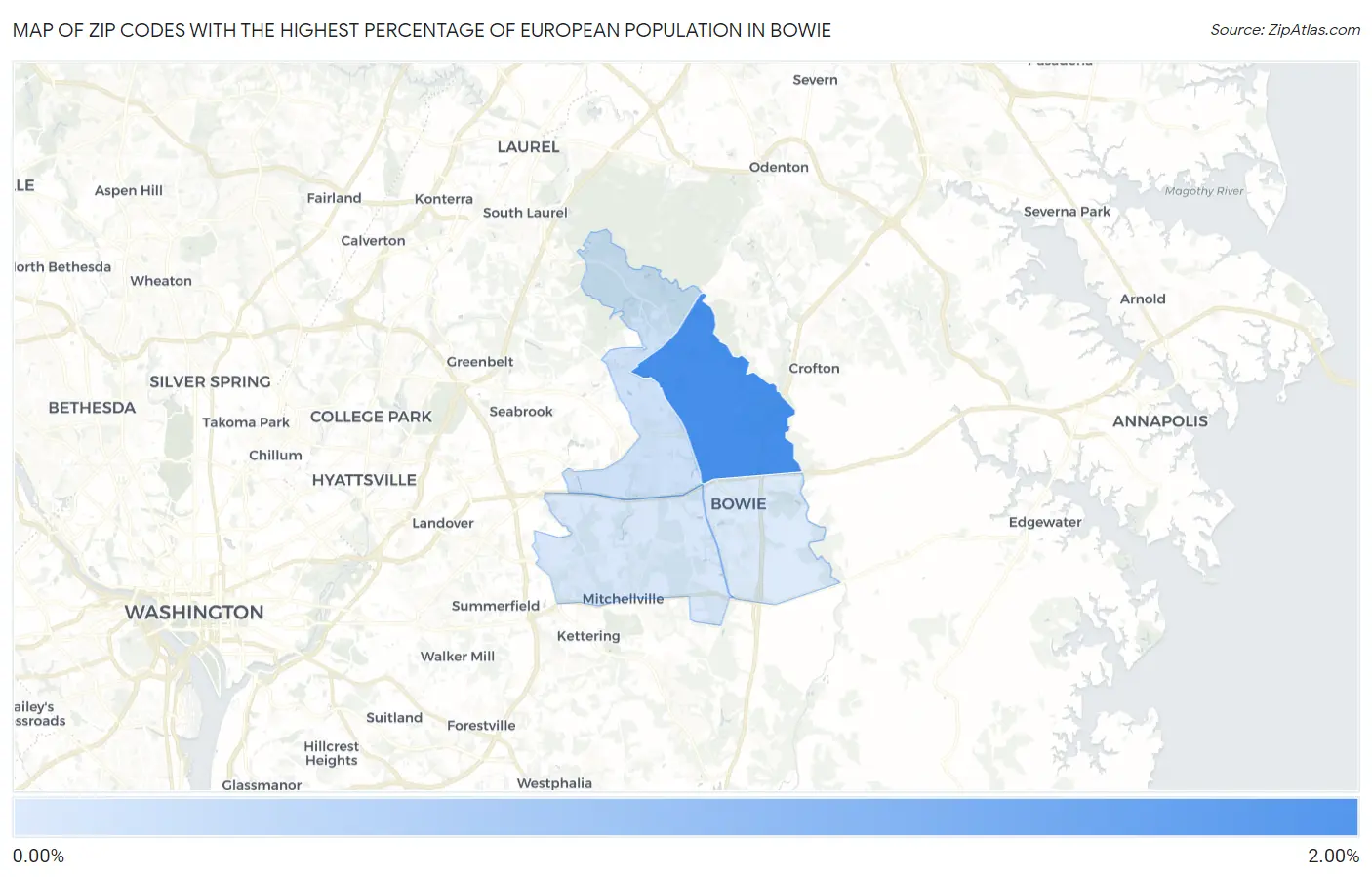 Zip Codes with the Highest Percentage of European Population in Bowie Map