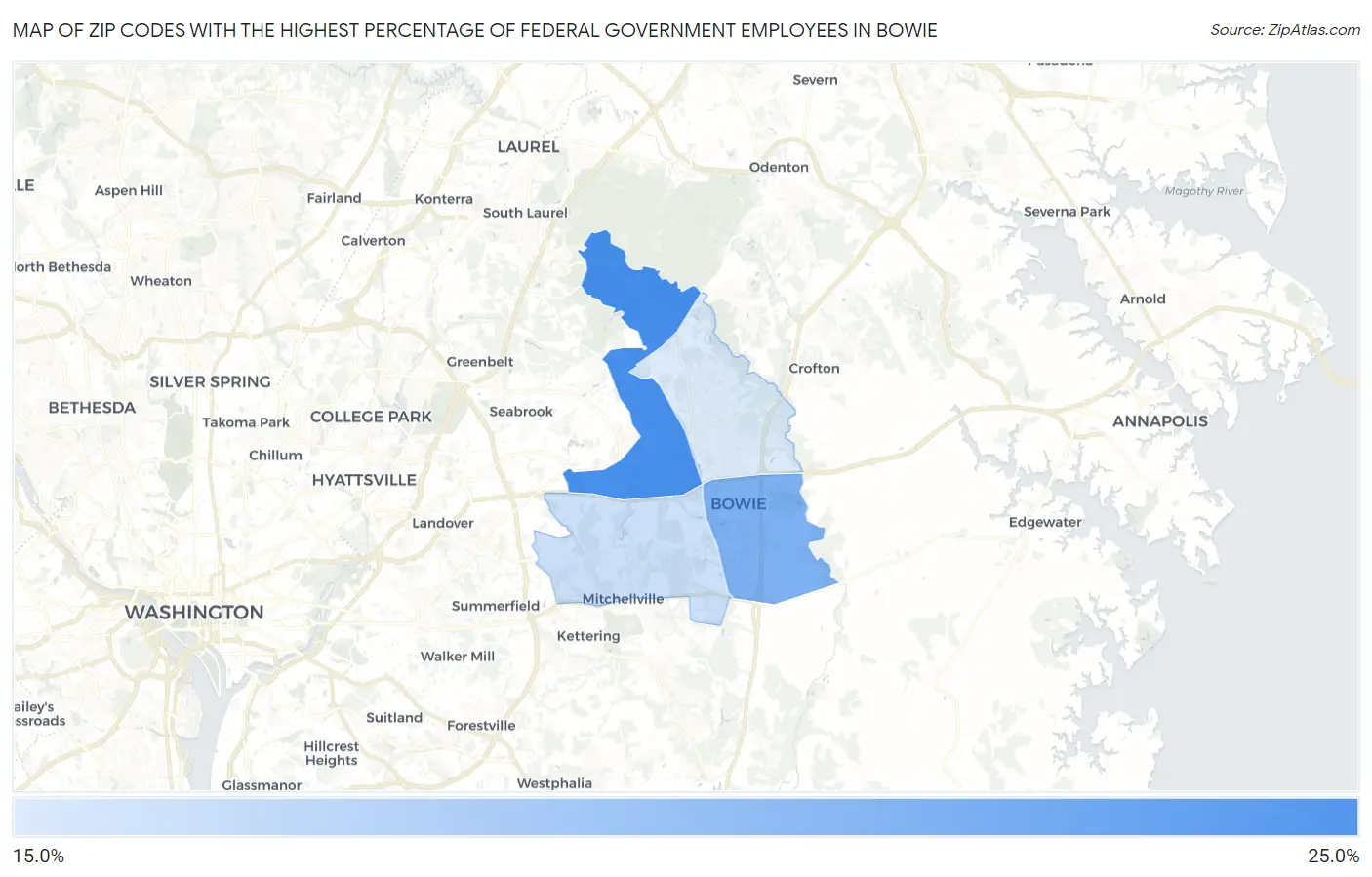 Zip Codes with the Highest Percentage of Federal Government Employees in Bowie Map