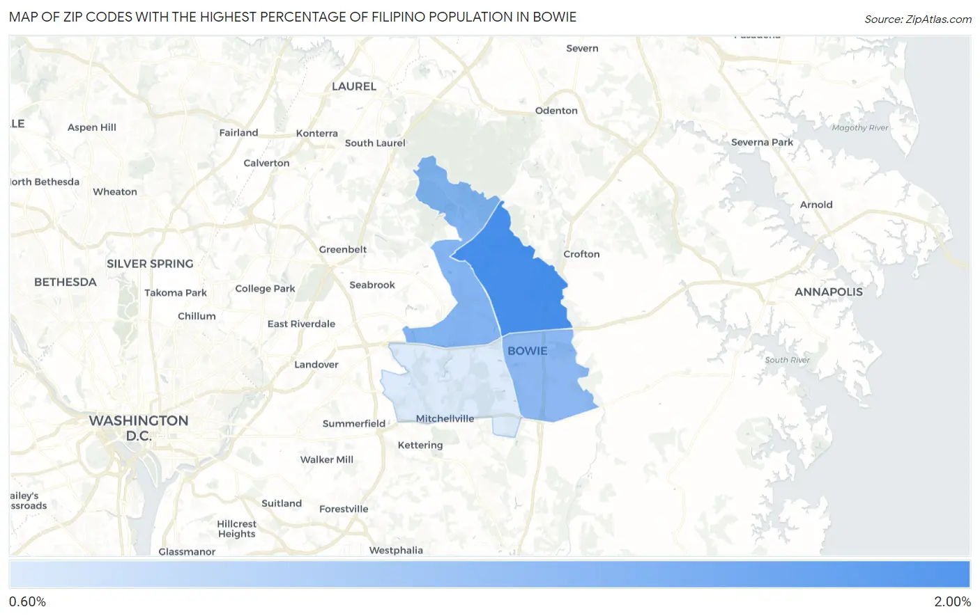 Zip Codes with the Highest Percentage of Filipino Population in Bowie Map