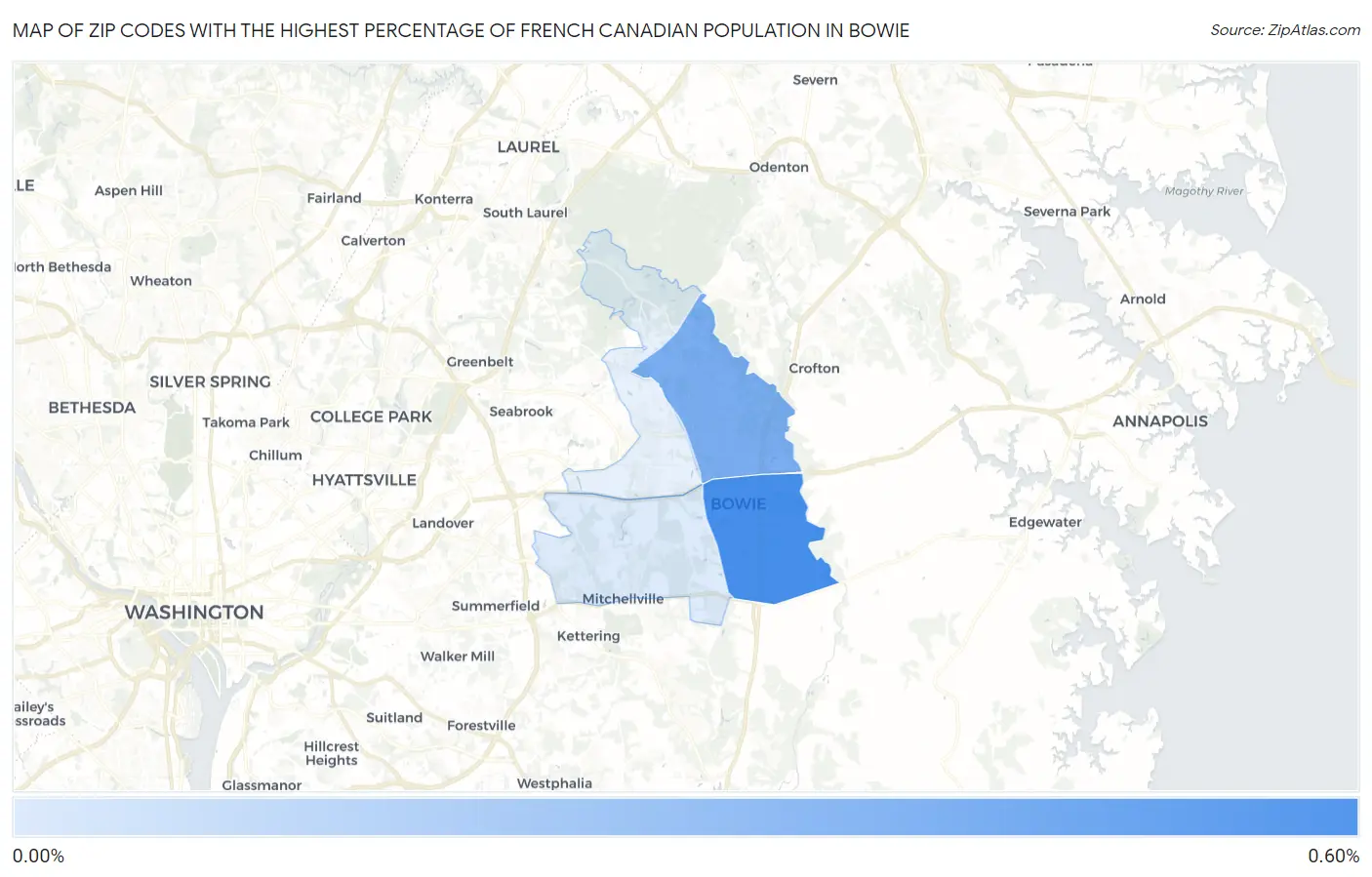 Zip Codes with the Highest Percentage of French Canadian Population in Bowie Map