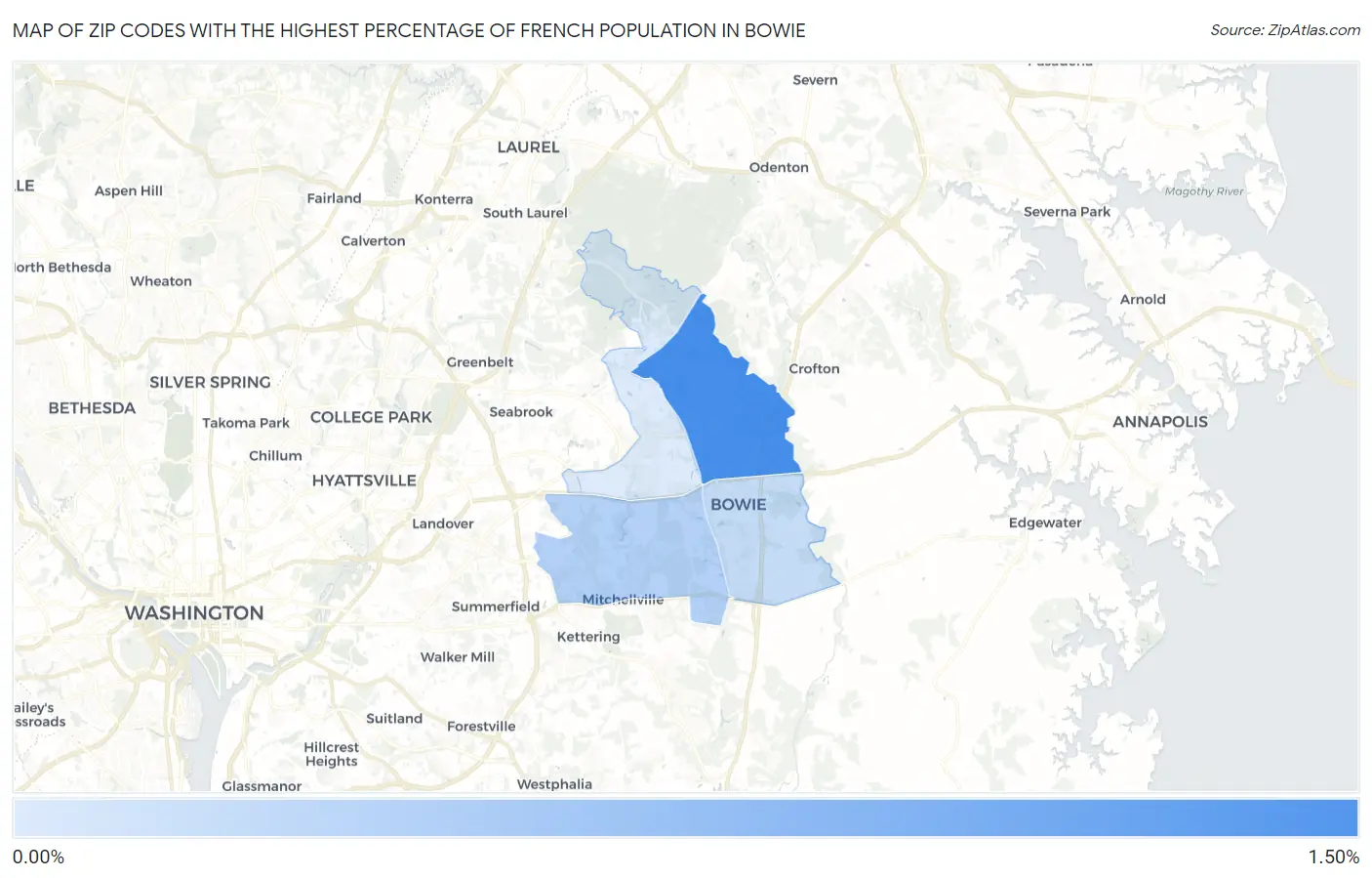 Zip Codes with the Highest Percentage of French Population in Bowie Map