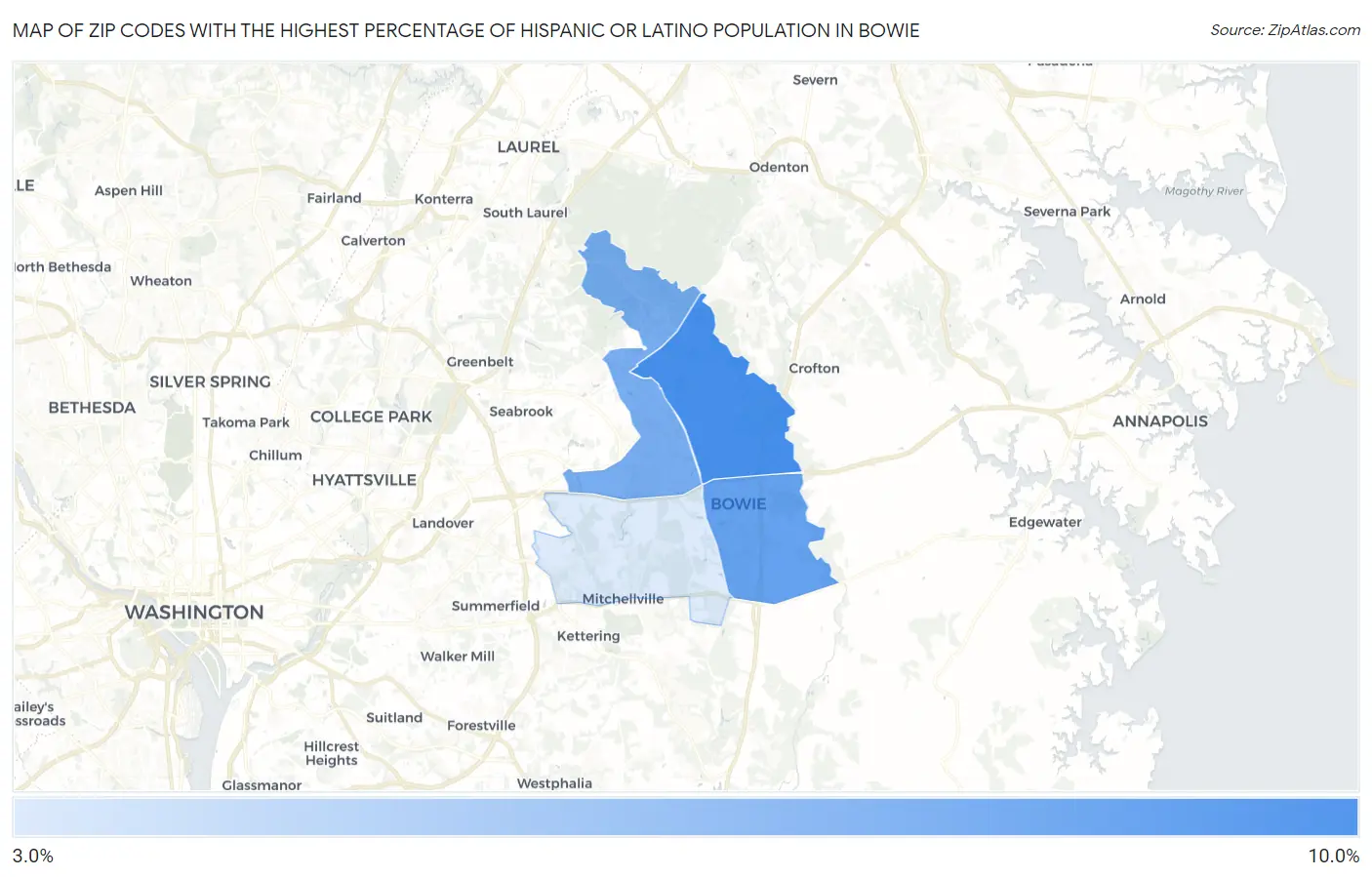 Zip Codes with the Highest Percentage of Hispanic or Latino Population in Bowie Map