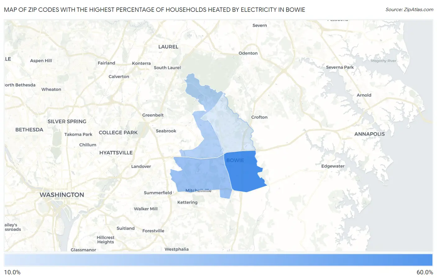 Zip Codes with the Highest Percentage of Households Heated by Electricity in Bowie Map