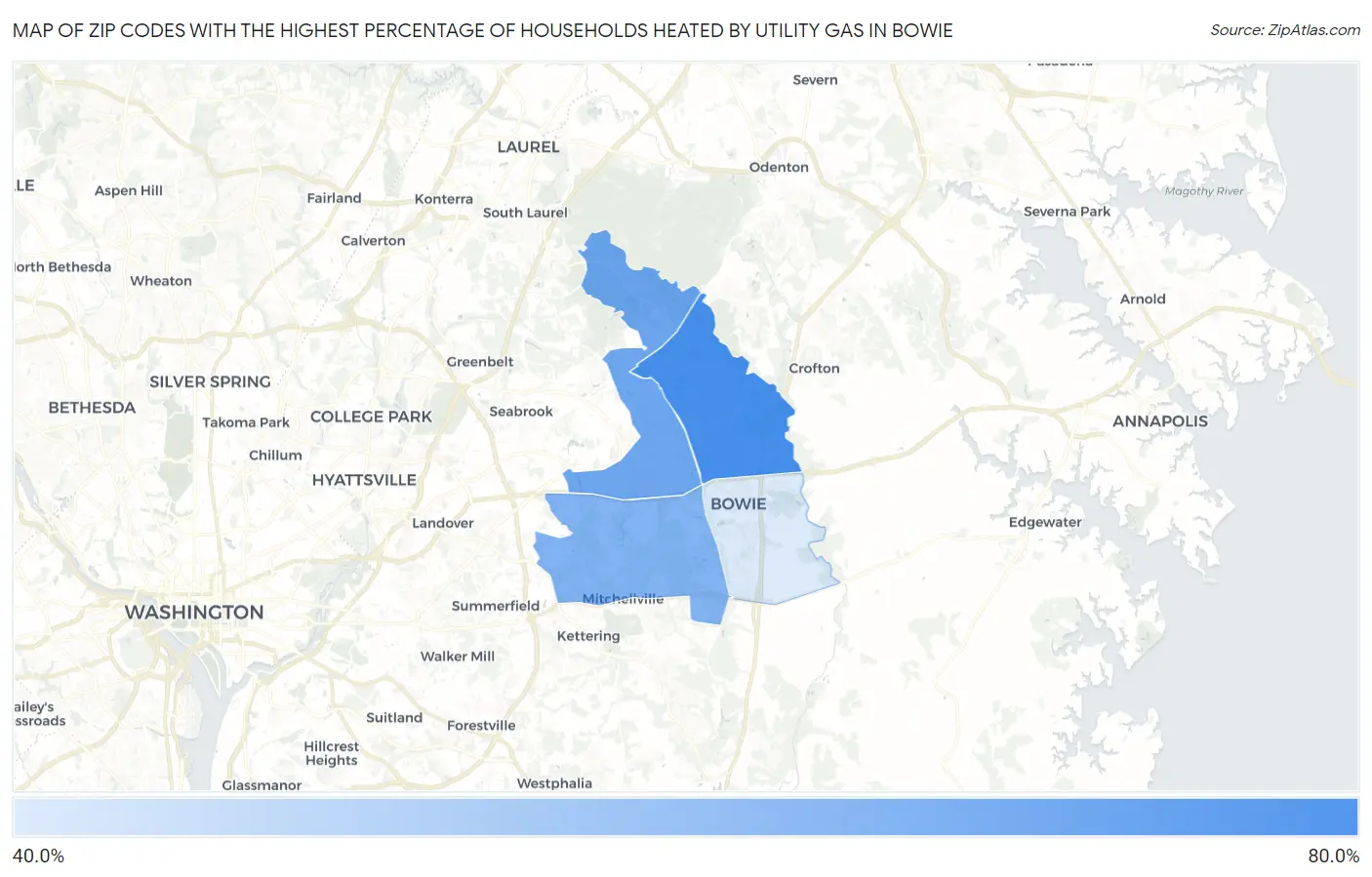Zip Codes with the Highest Percentage of Households Heated by Utility Gas in Bowie Map