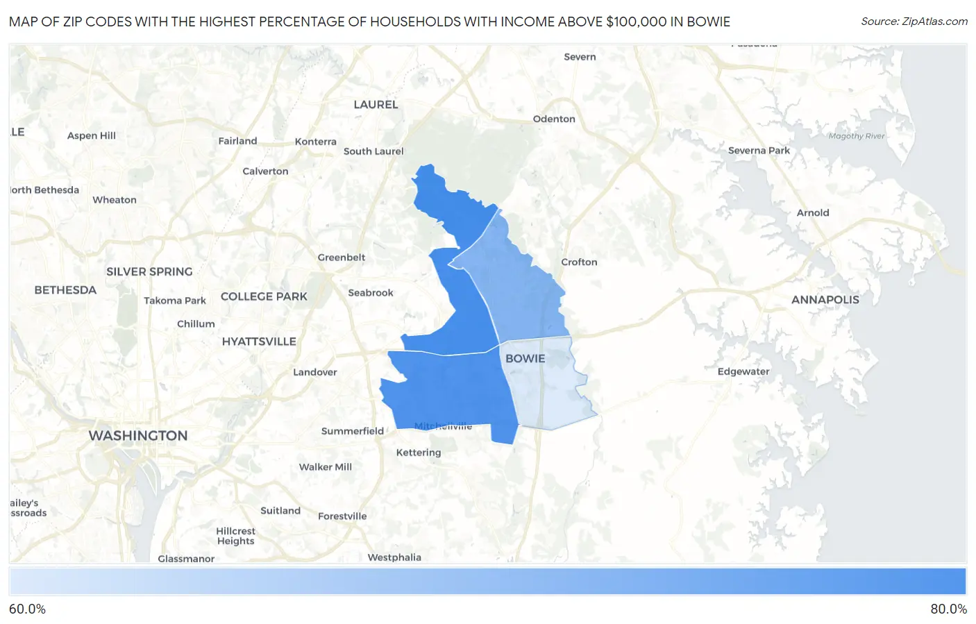 Zip Codes with the Highest Percentage of Households with Income Above $100,000 in Bowie Map