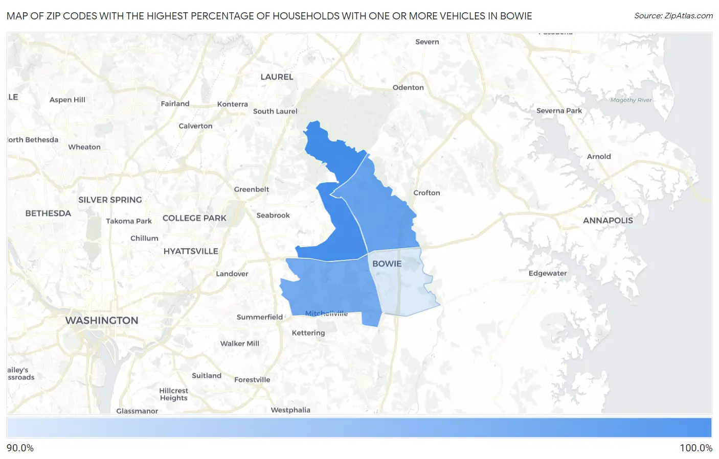 Zip Codes with the Highest Percentage of Households With One or more Vehicles in Bowie Map