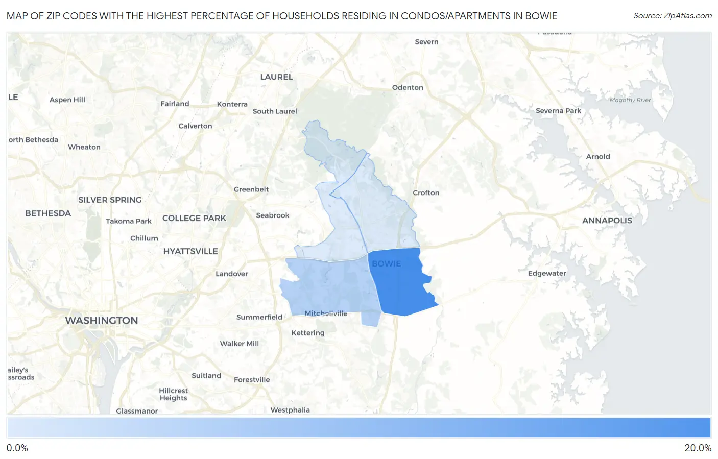 Zip Codes with the Highest Percentage of Households Residing in Condos/Apartments in Bowie Map