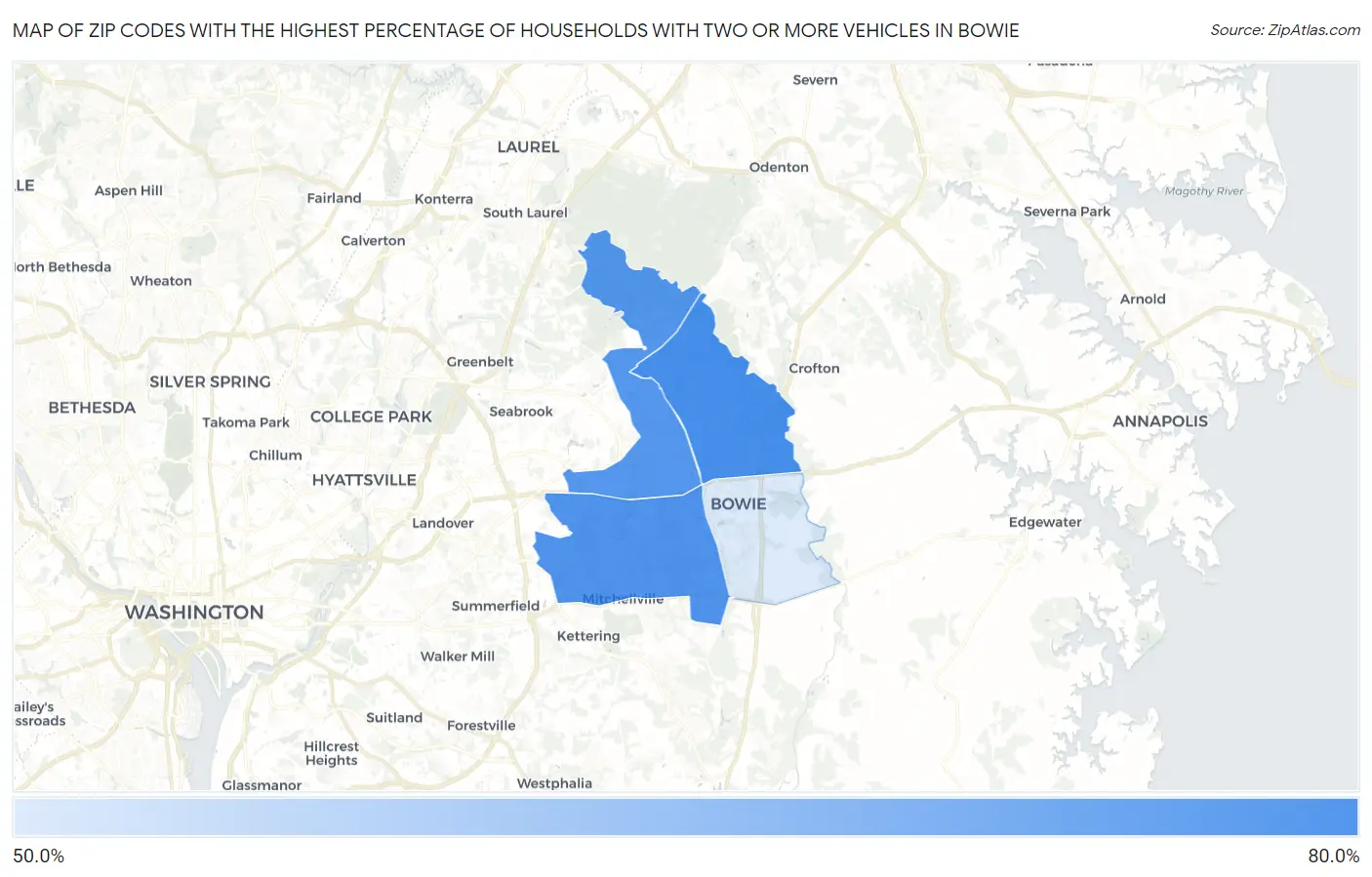 Zip Codes with the Highest Percentage of Households With Two or more Vehicles in Bowie Map