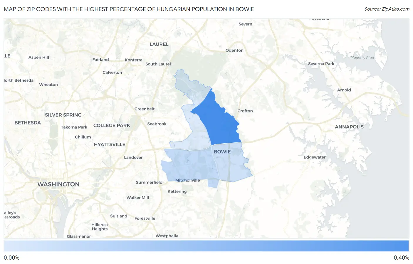 Zip Codes with the Highest Percentage of Hungarian Population in Bowie Map