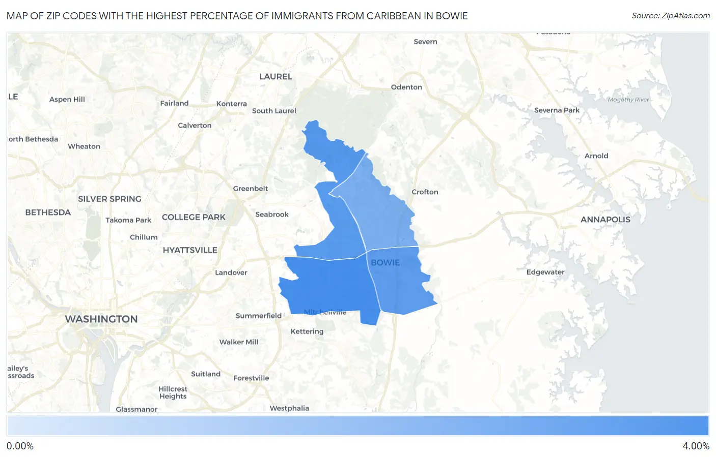 Zip Codes with the Highest Percentage of Immigrants from Caribbean in Bowie Map