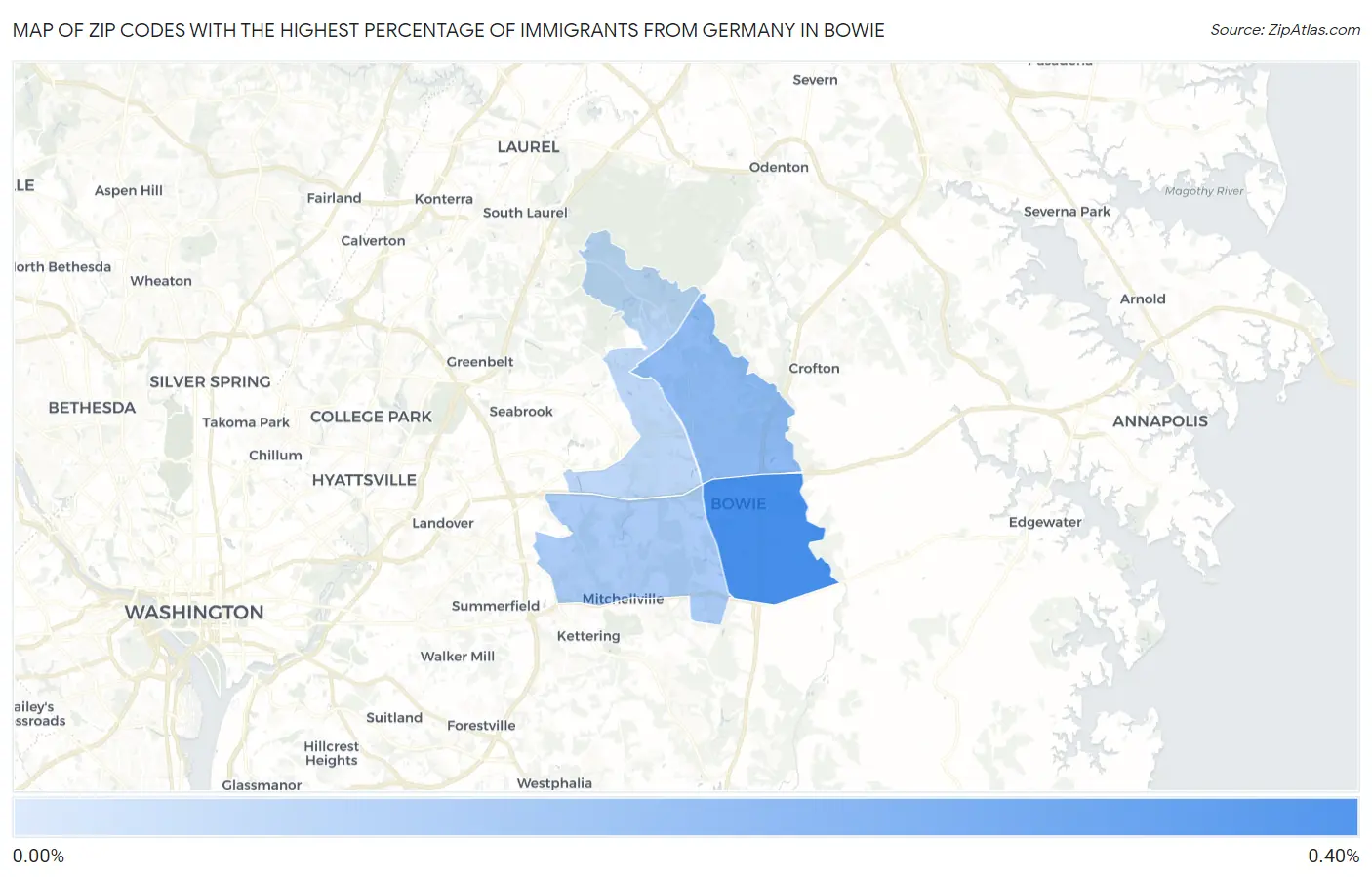 Zip Codes with the Highest Percentage of Immigrants from Germany in Bowie Map