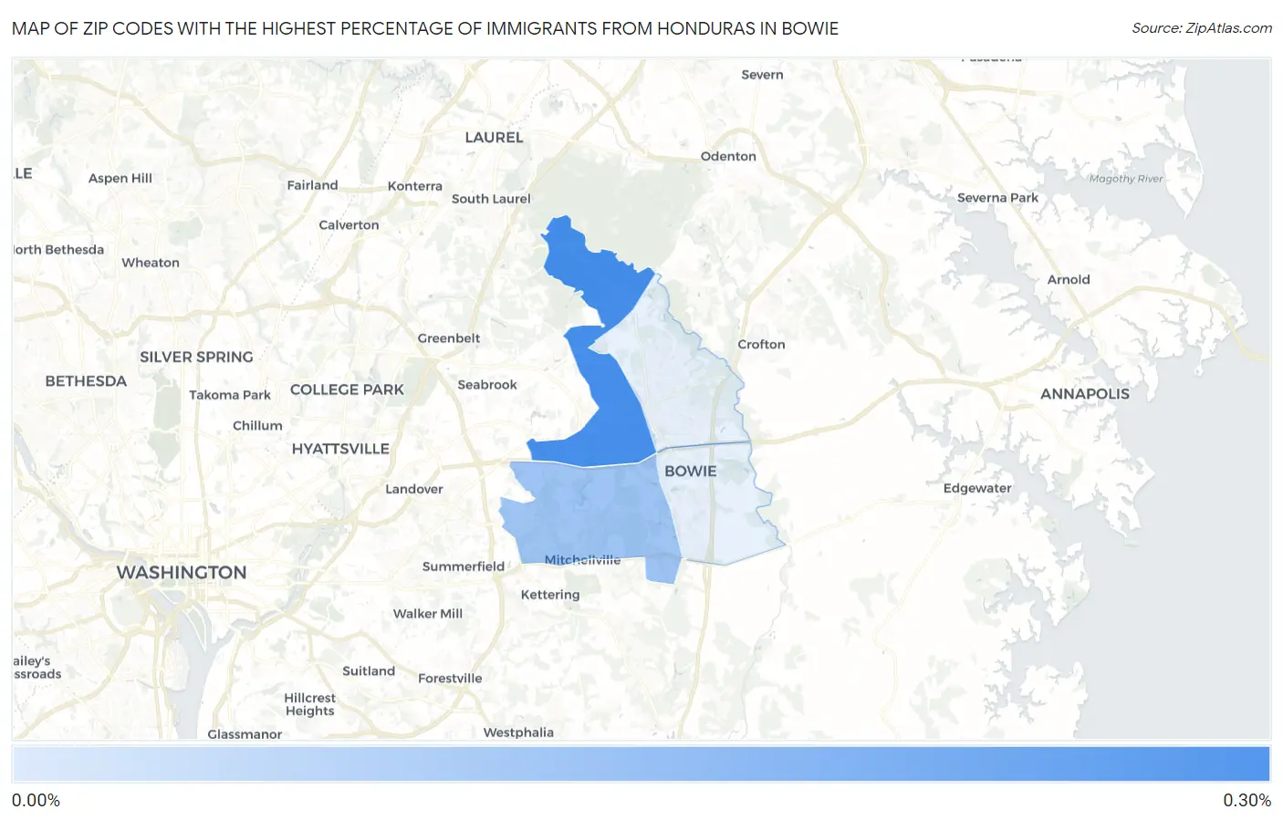 Zip Codes with the Highest Percentage of Immigrants from Honduras in Bowie Map