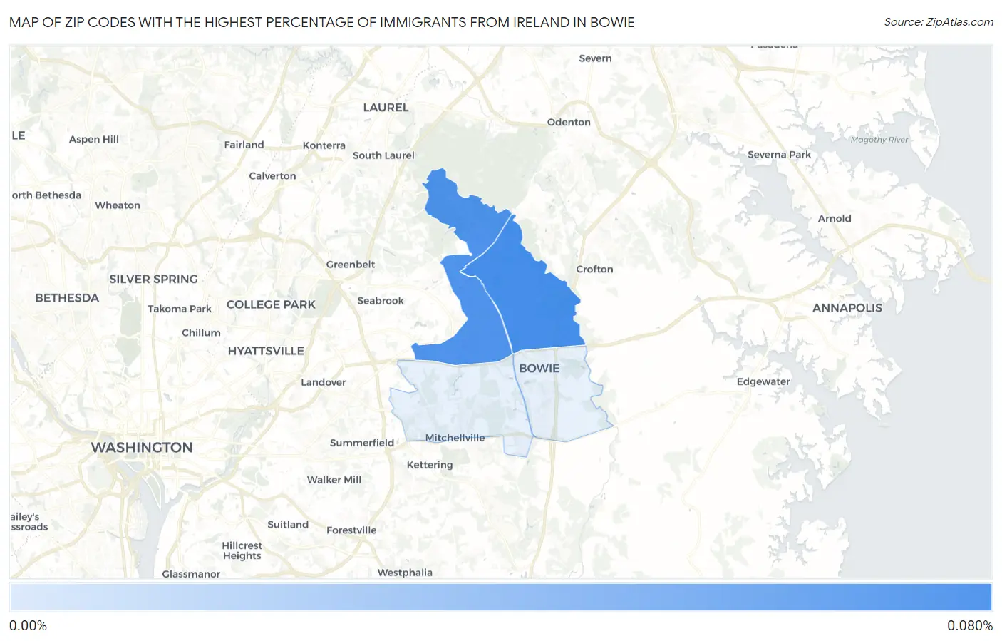 Zip Codes with the Highest Percentage of Immigrants from Ireland in Bowie Map