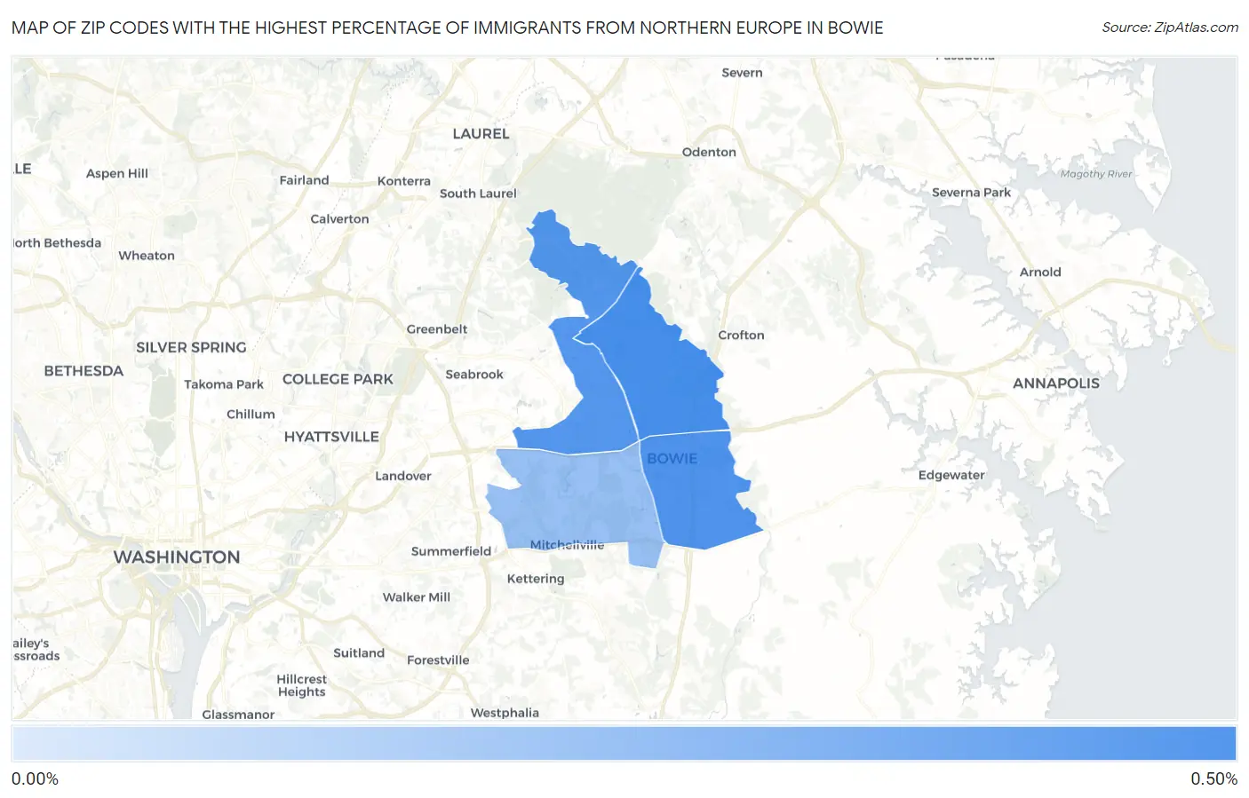 Zip Codes with the Highest Percentage of Immigrants from Northern Europe in Bowie Map