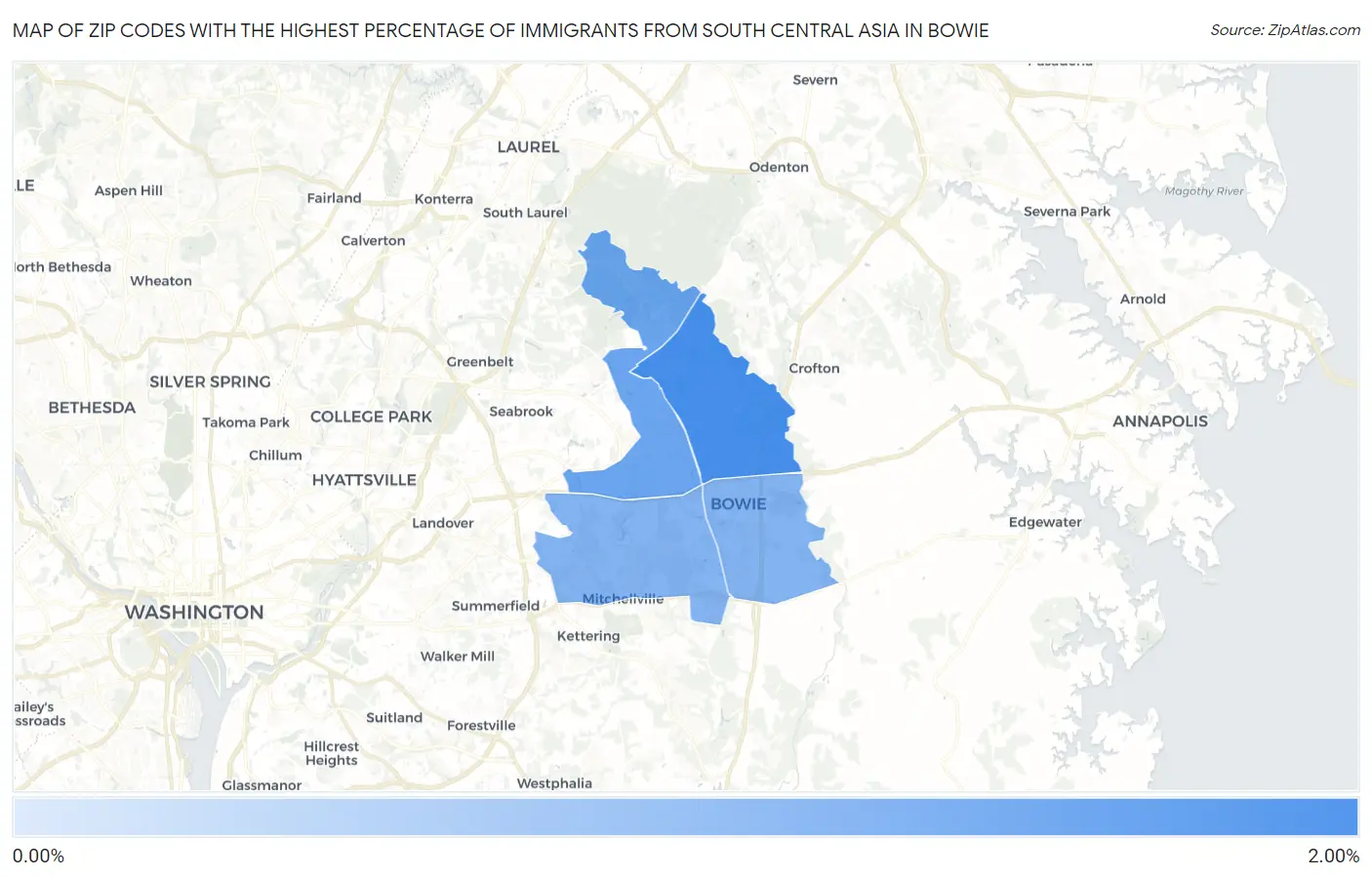 Zip Codes with the Highest Percentage of Immigrants from South Central Asia in Bowie Map