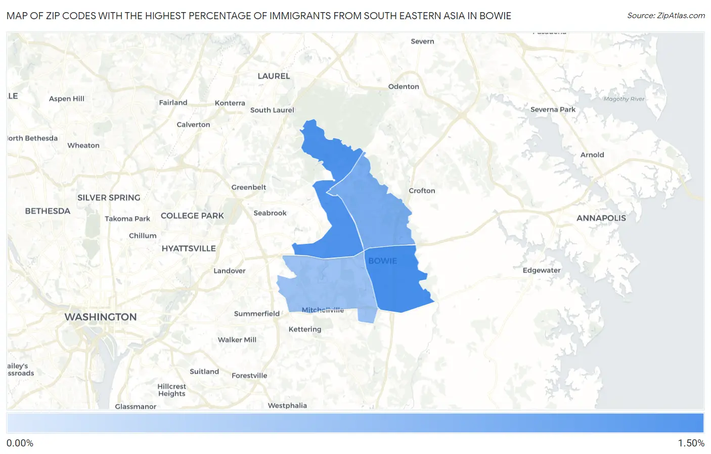 Zip Codes with the Highest Percentage of Immigrants from South Eastern Asia in Bowie Map