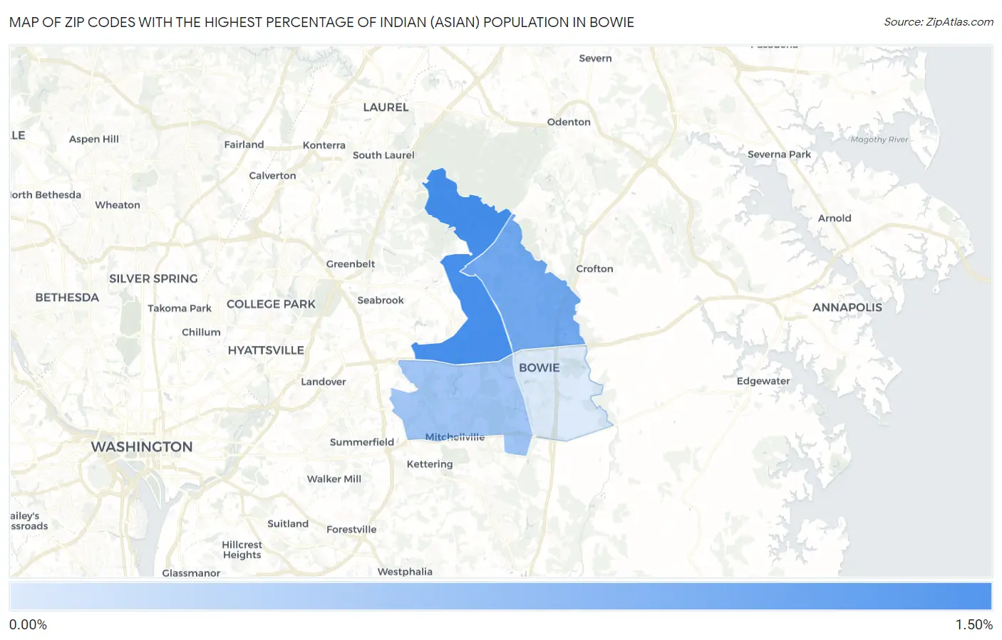 Zip Codes with the Highest Percentage of Indian (Asian) Population in Bowie Map